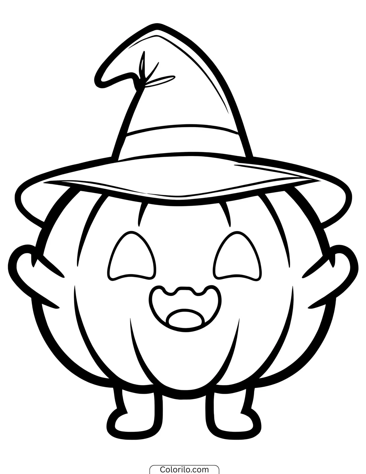 Happy pumpkin wearing a witch hat coloring page