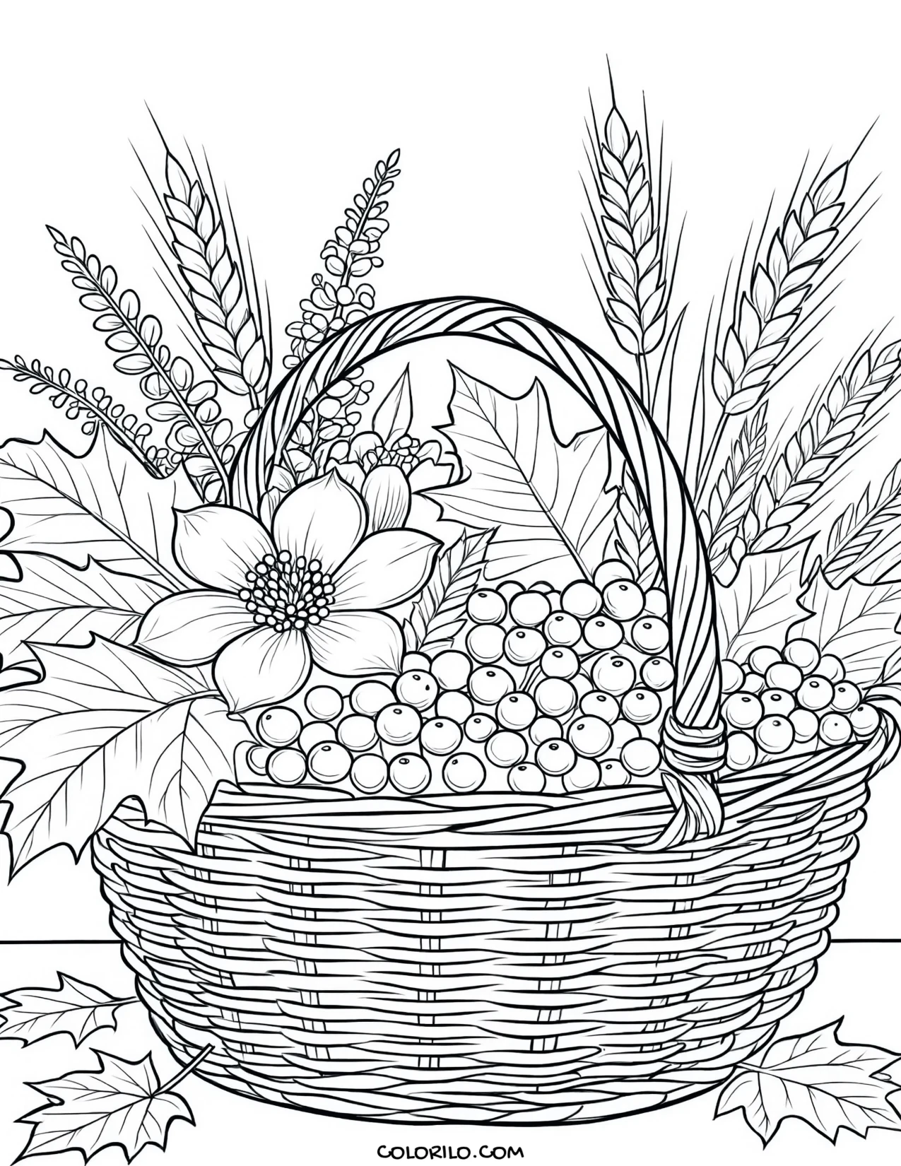 A harvest basket filled with autumn flowers coloring page