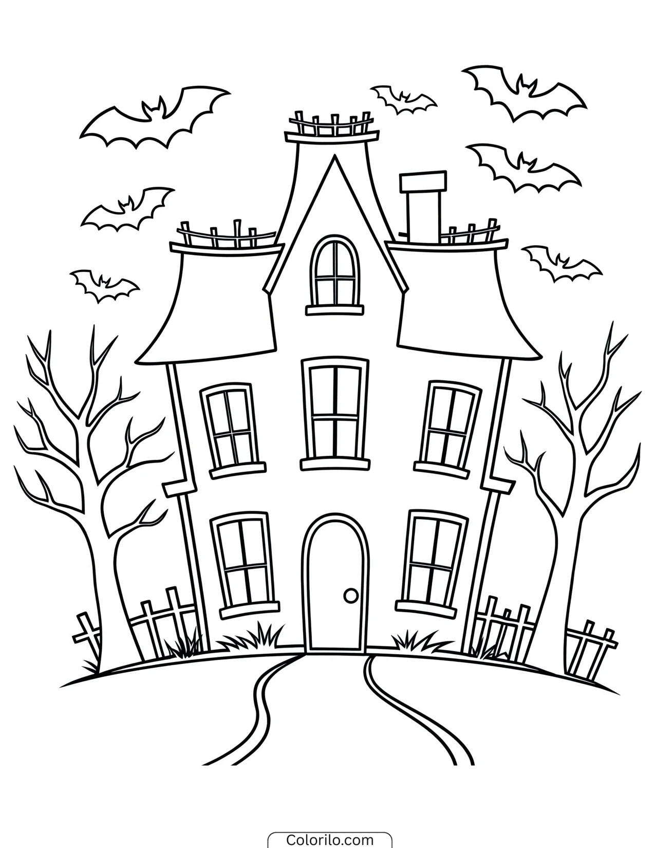 Haunted house with bats circling above coloring page