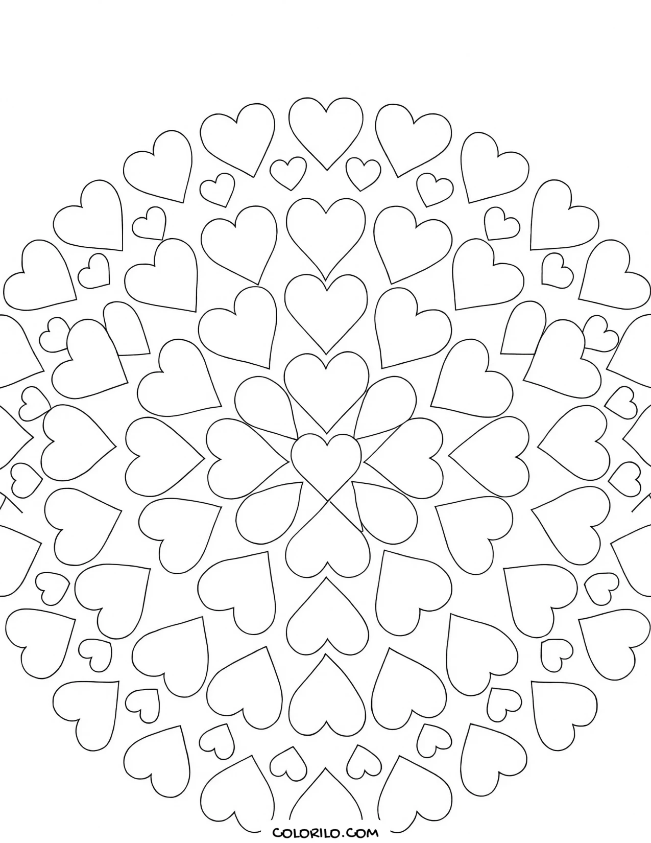 A mandala made from hearts coloring page