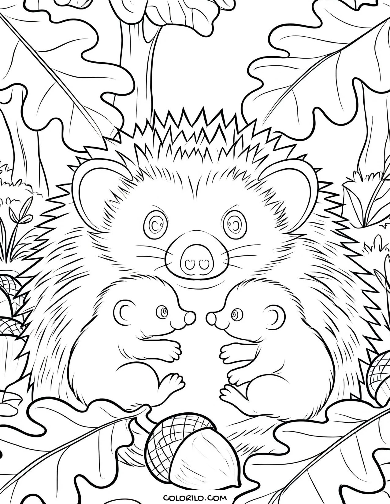 A hedgehog family among fallen leaves coloring page