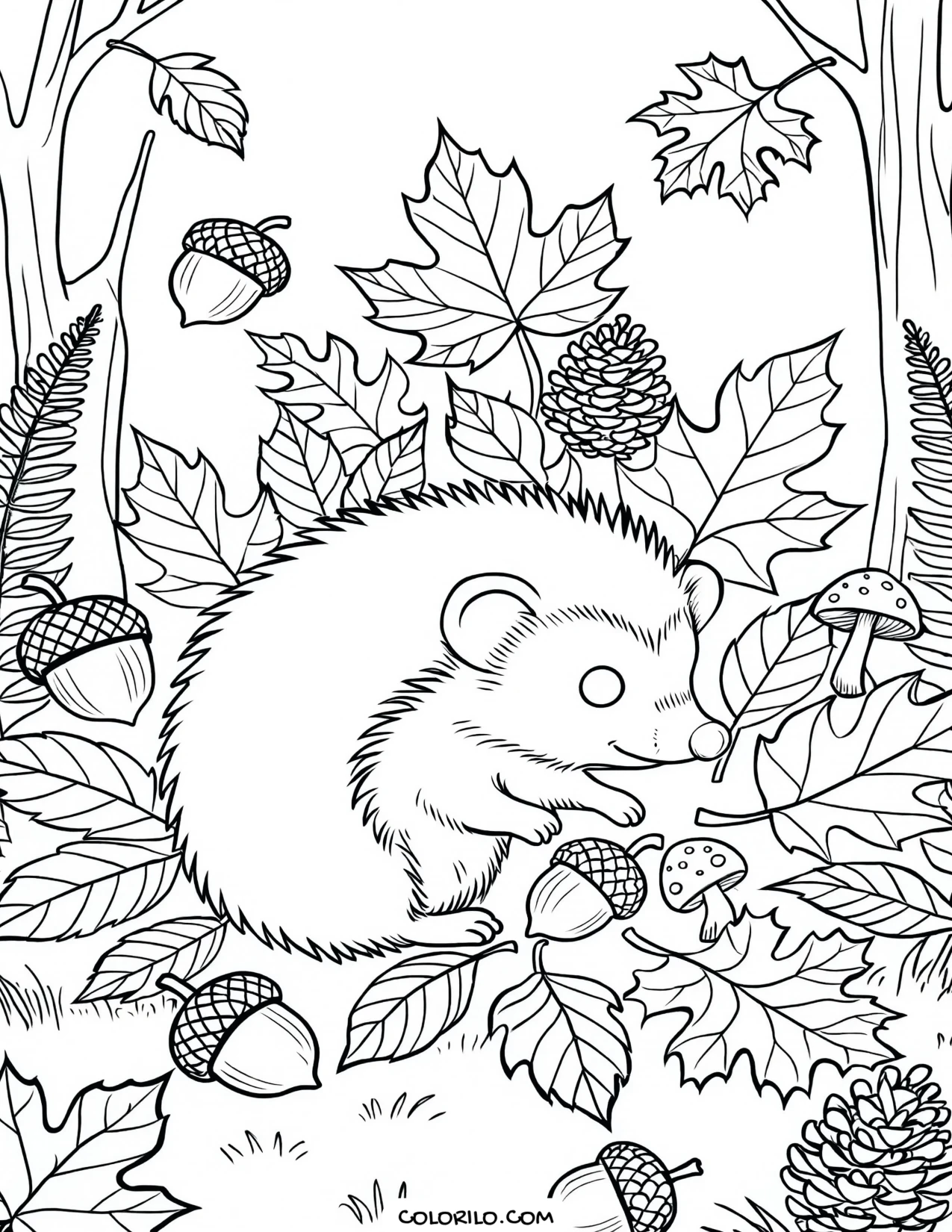 A hedgehog burrowing into a pile of leaves coloring page