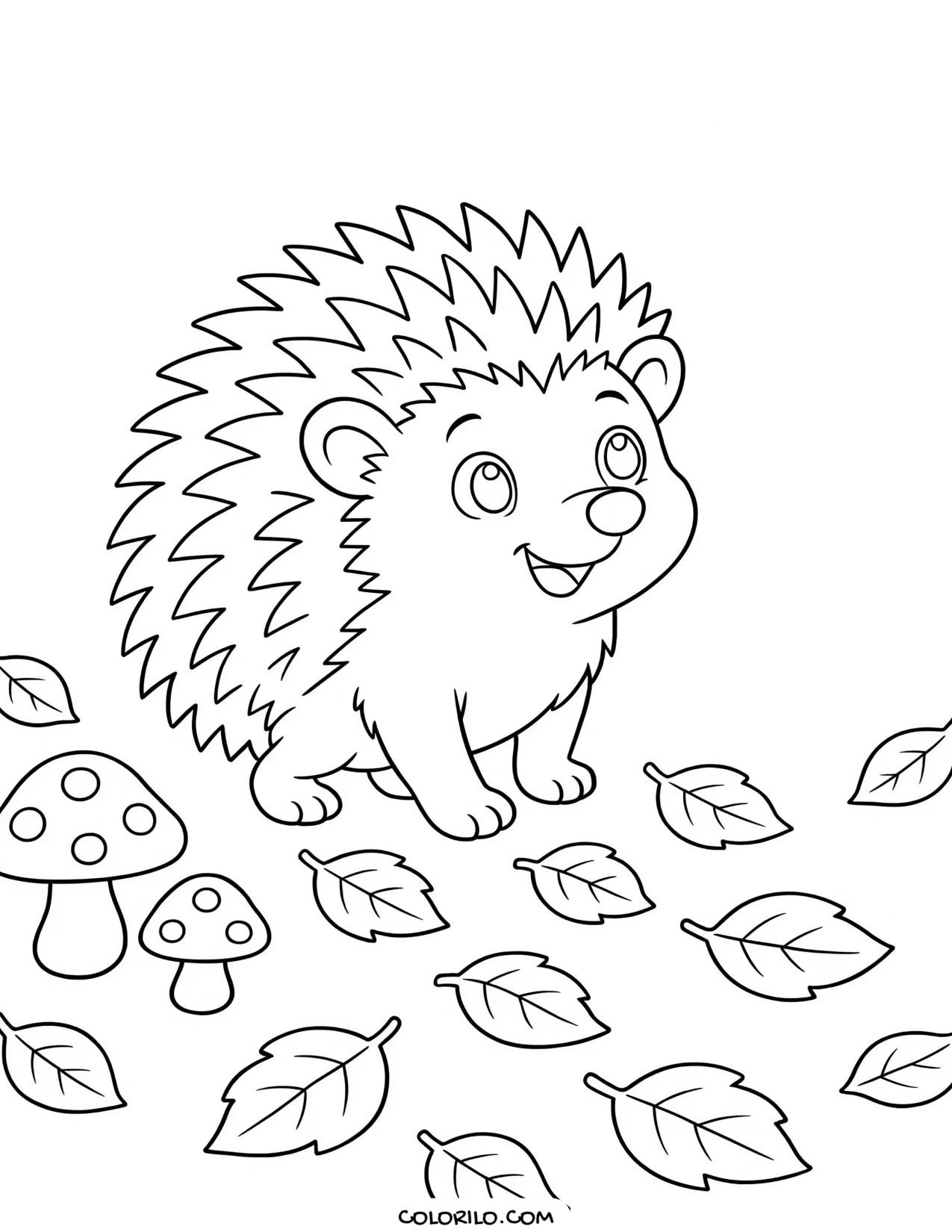 a hedgehog among fallen leaves coloring page