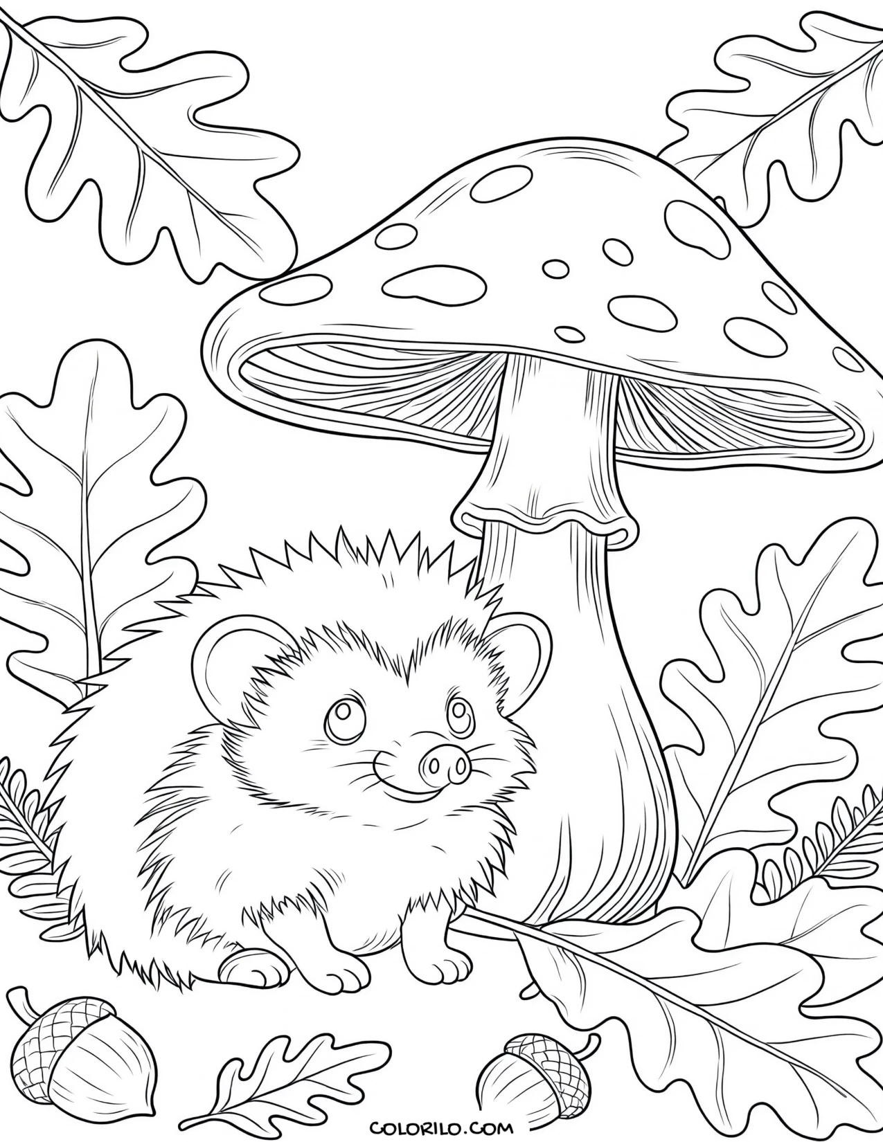 A hedgehog sheltering under a toadstool coloring page