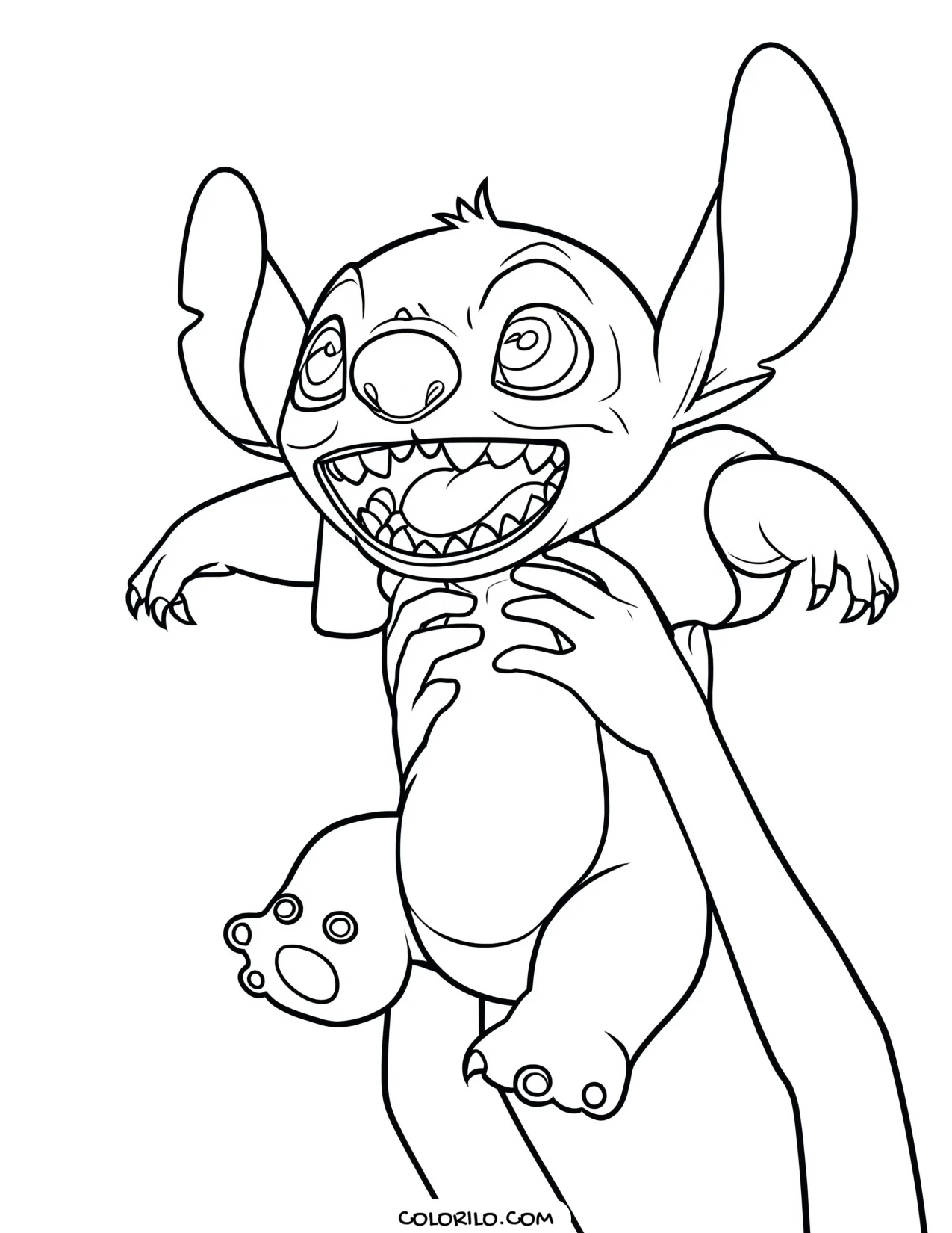 Stitch being held up coloring page