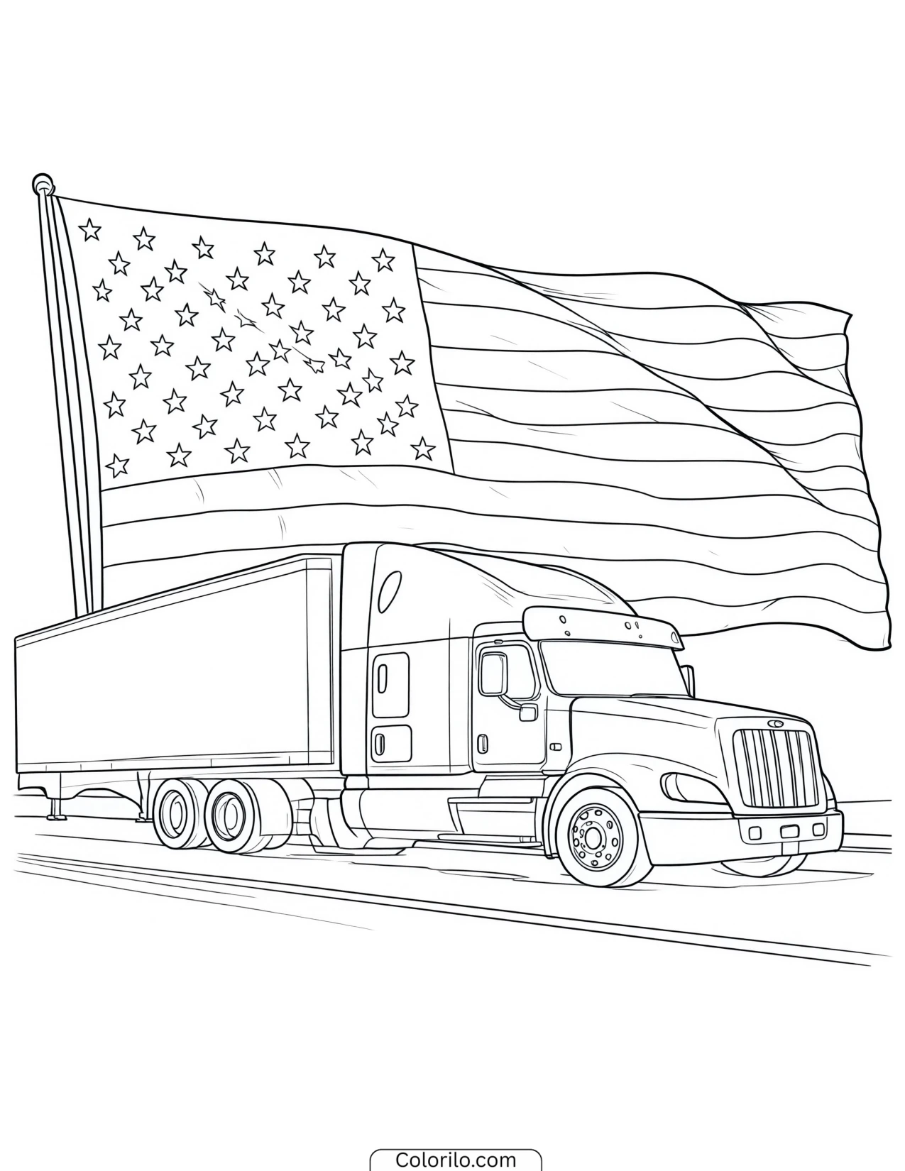 Semi-truck on the highway flying an American flag coloring page
