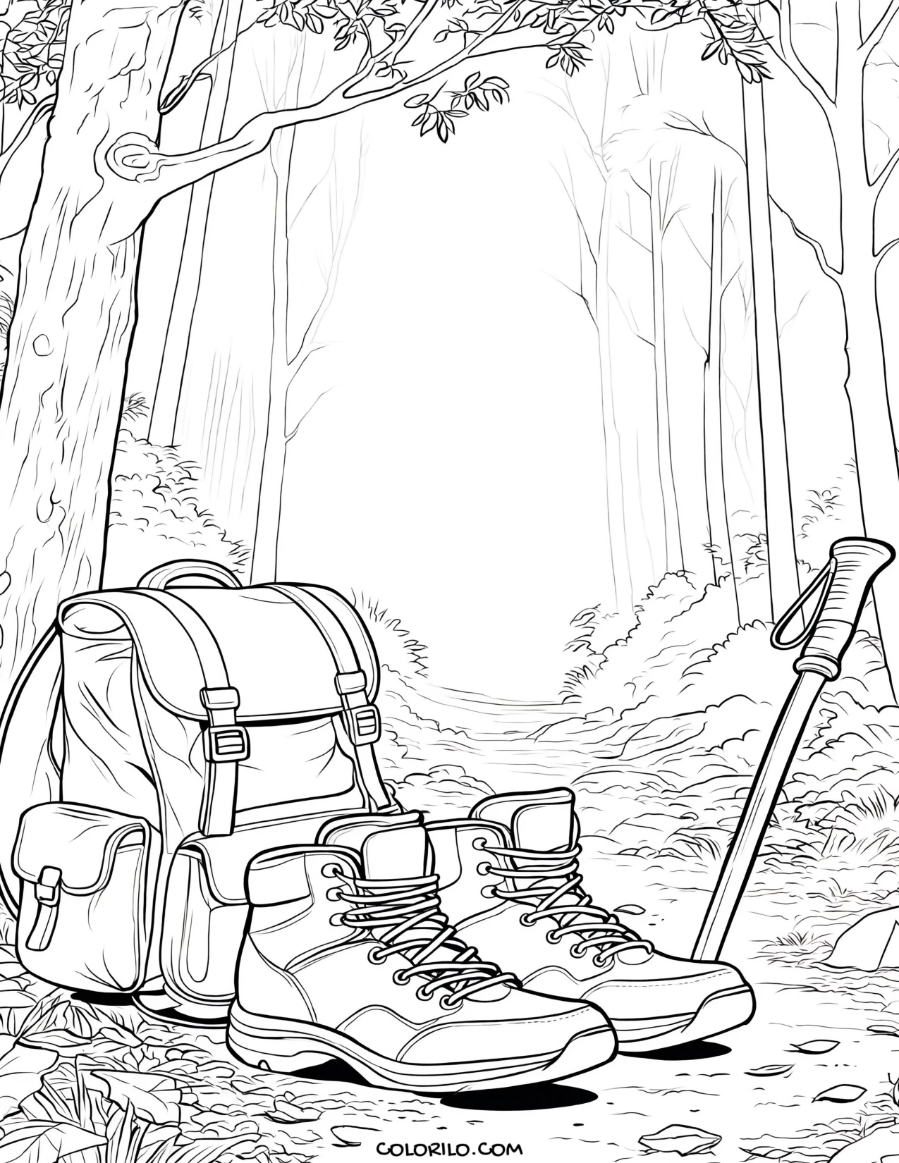 Hiking boots on an autumn forest trail coloring page