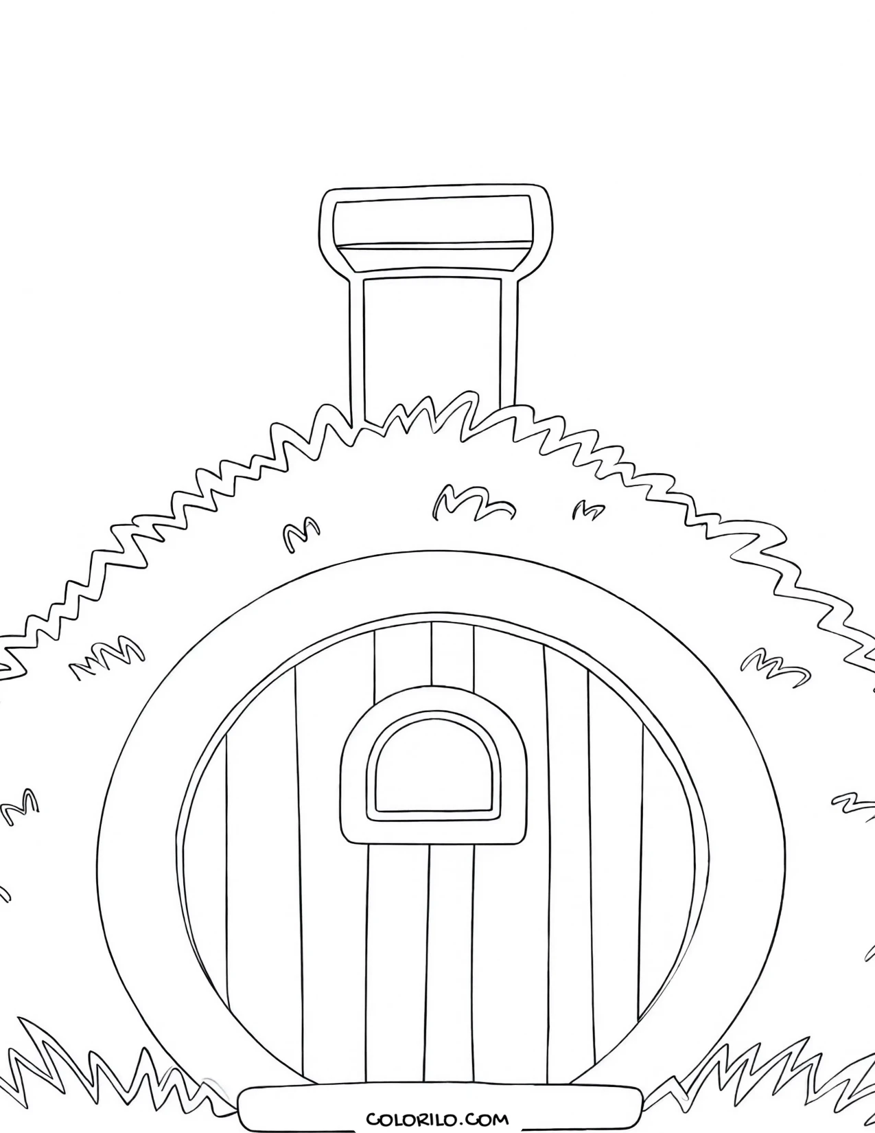 A round door set into a grassy hillside coloring page