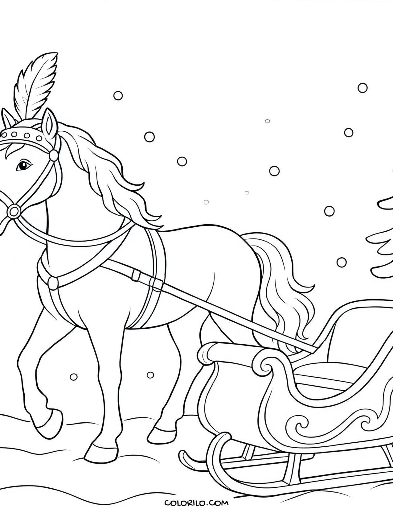 A horse-drawn sleigh in the snow coloring page