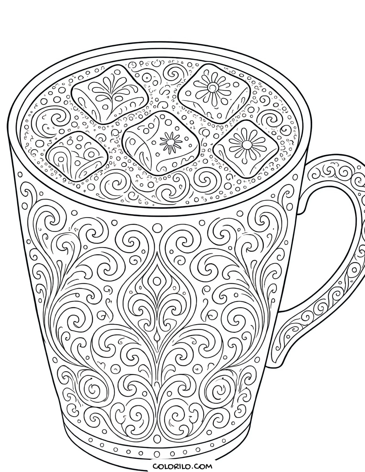 A mug of hot chocolate with patterned foam coloring page