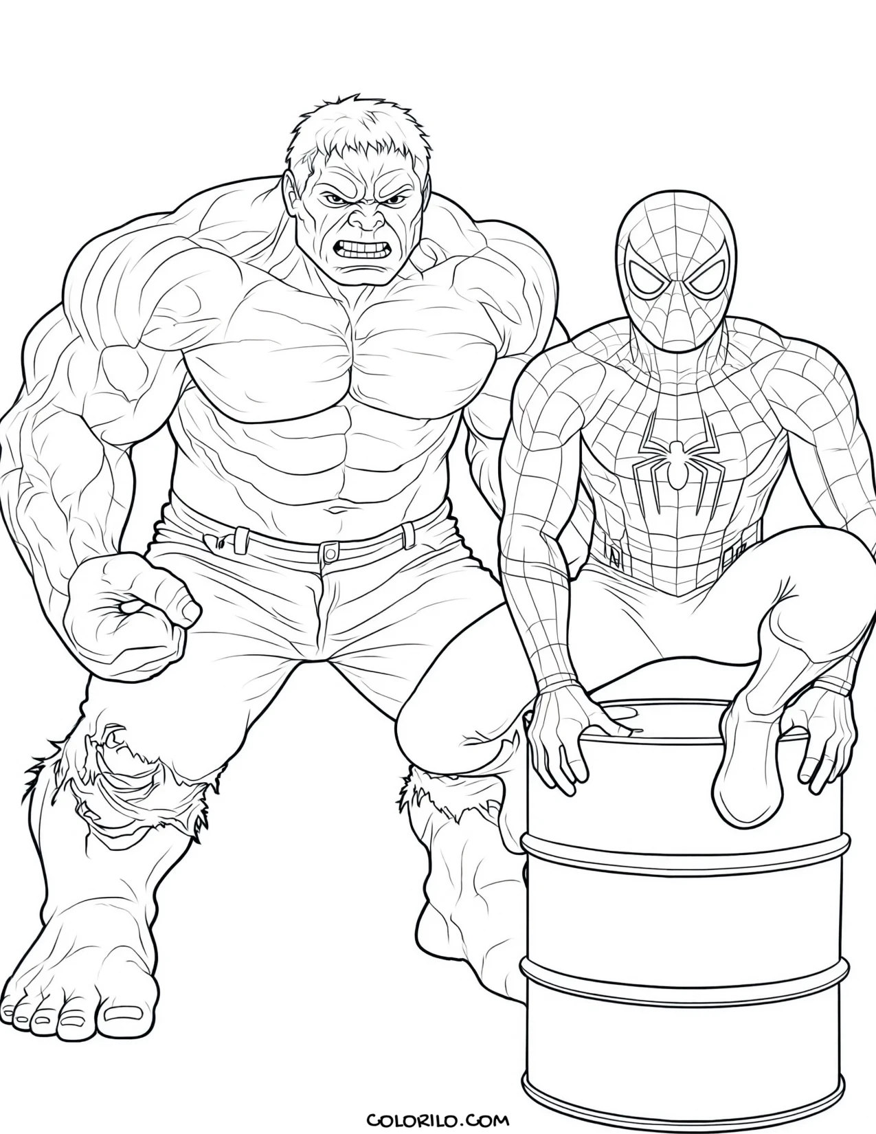 Spider-Man standing with the Hulk coloring page