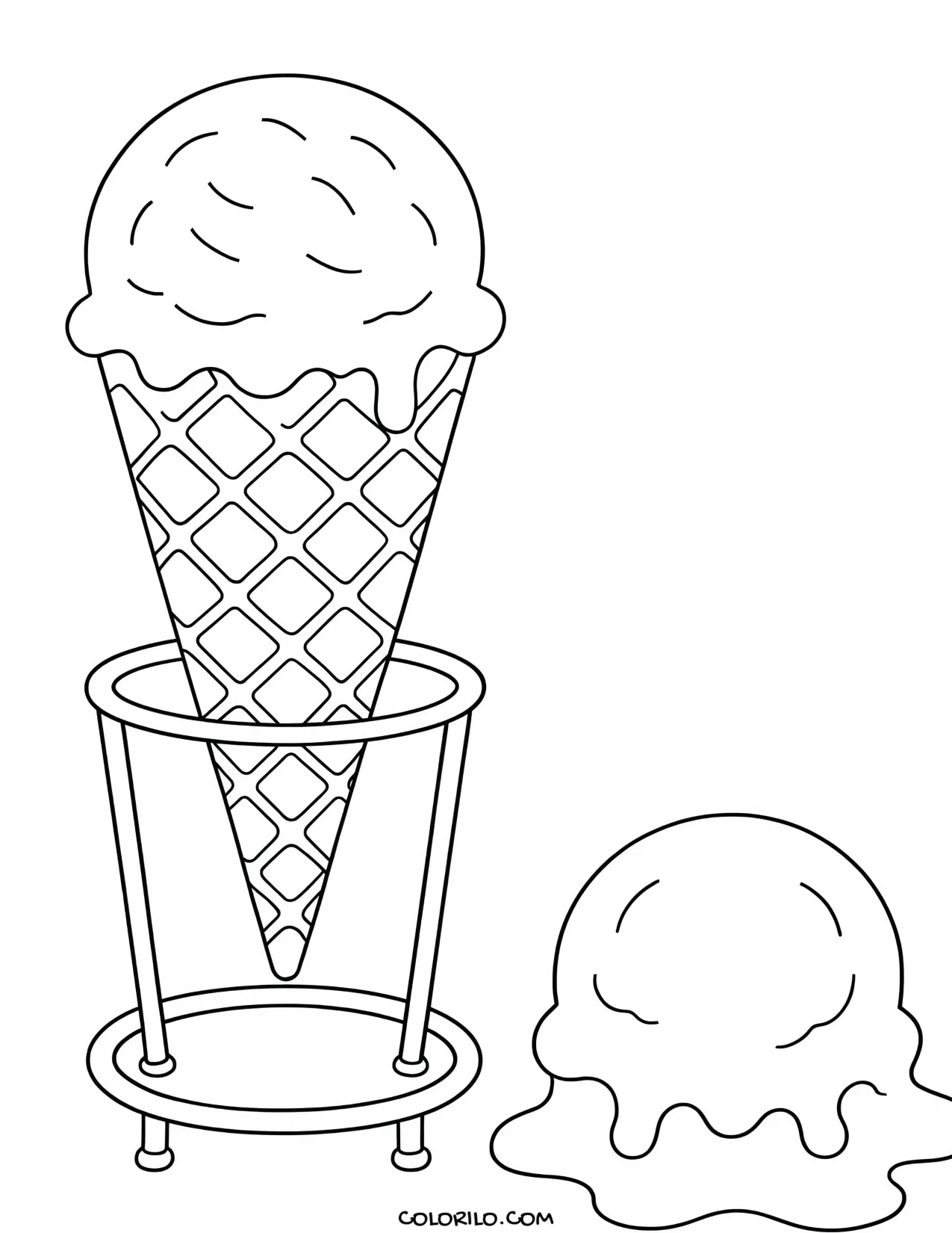 An ice cream cone in a stand coloring page