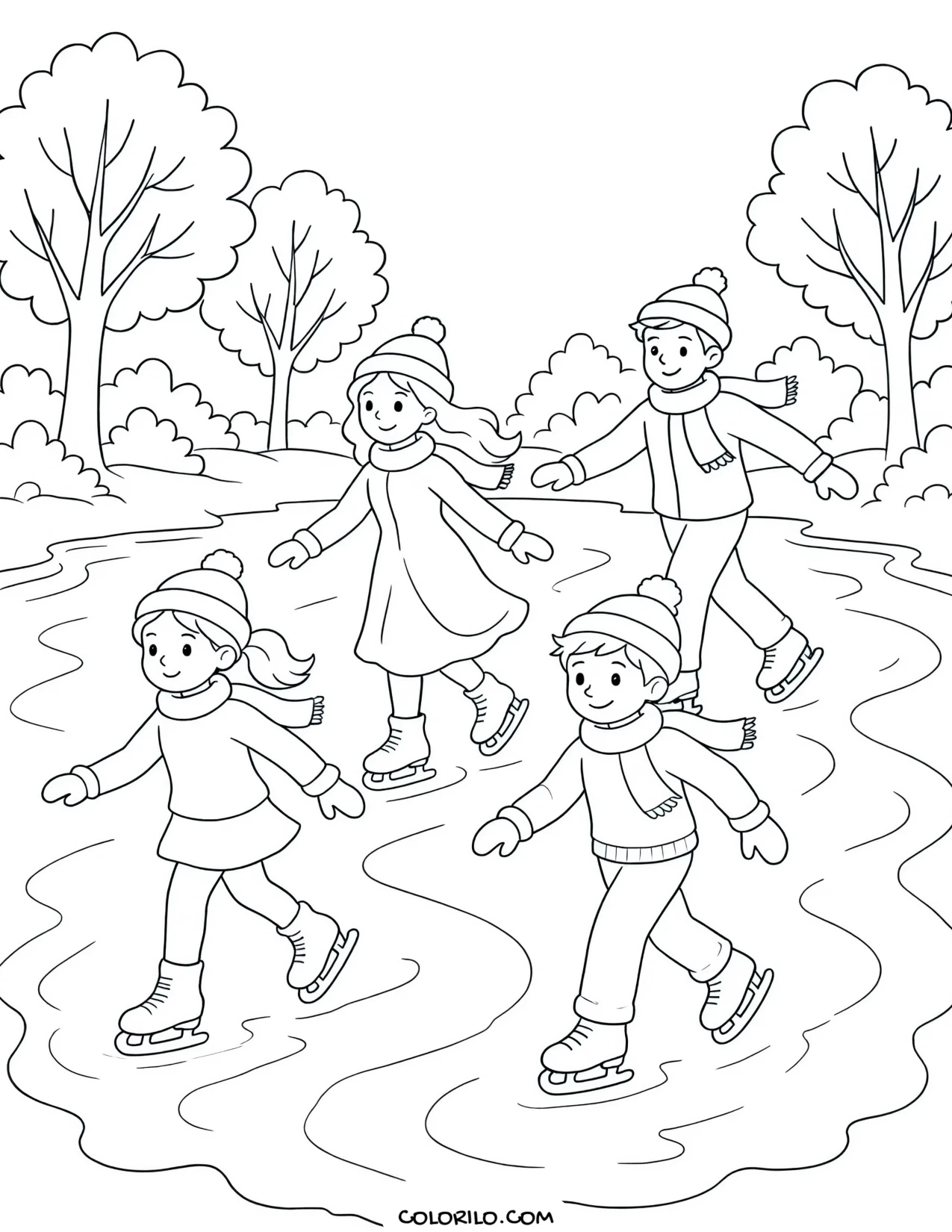 A family ice skating together coloring page