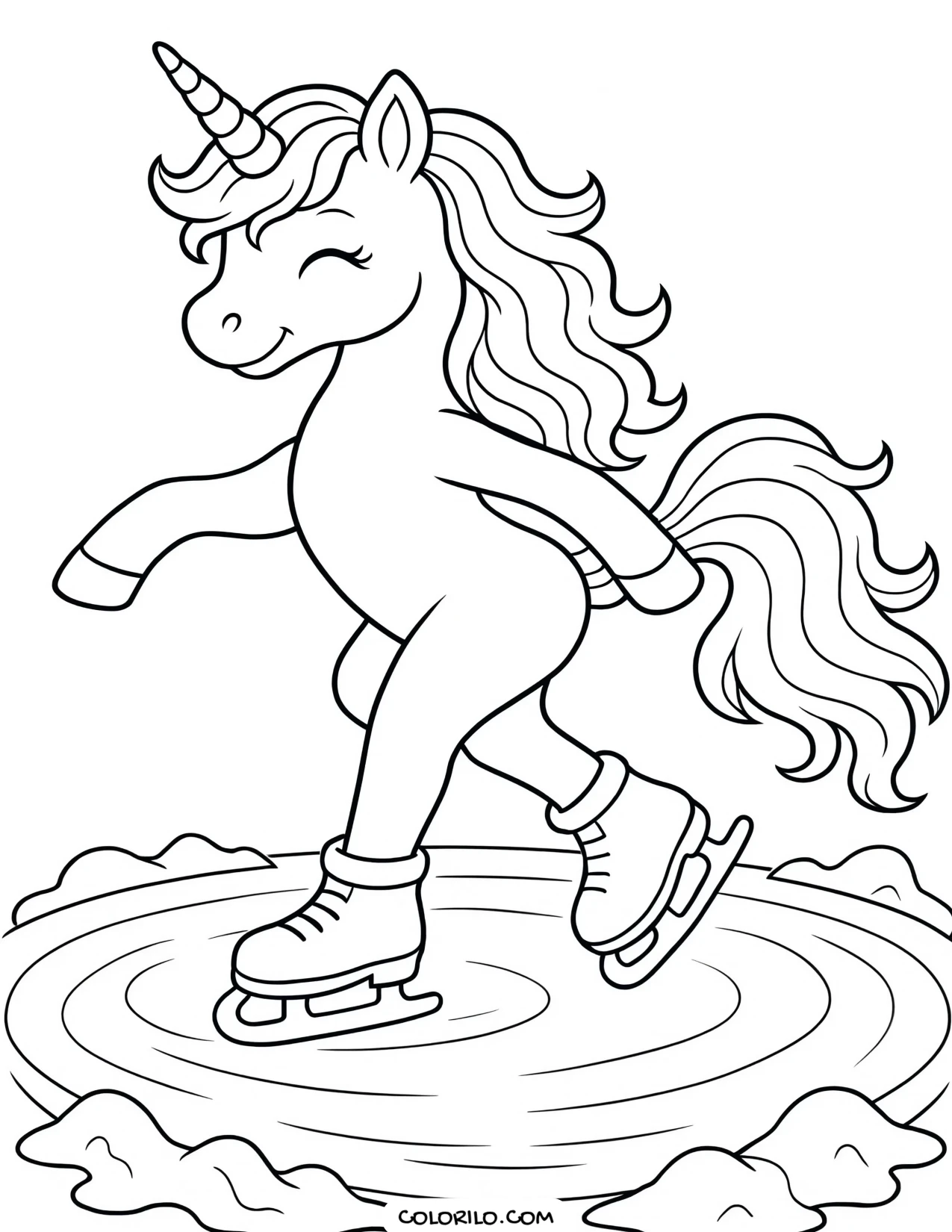 A unicorn ice skating coloring page