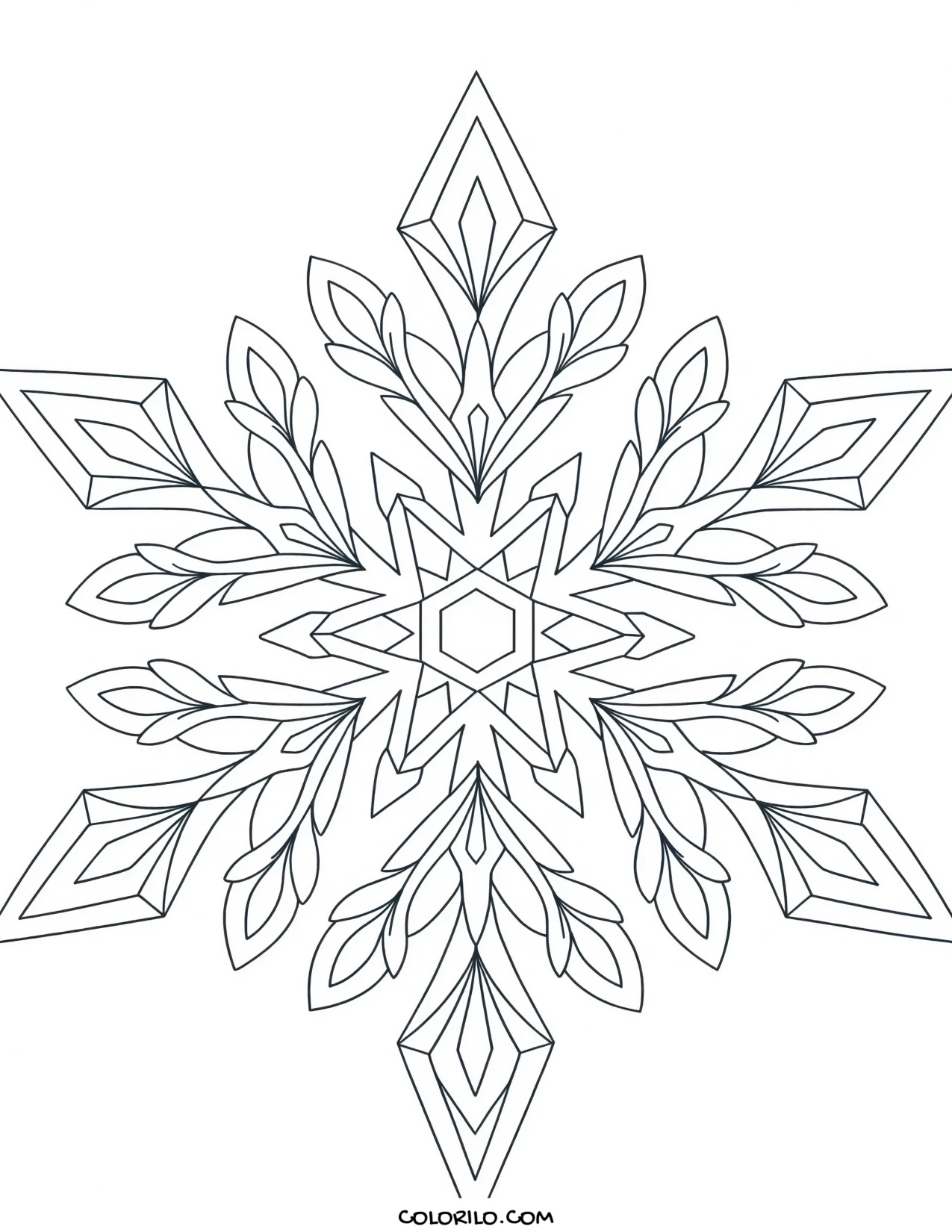 An intricately patterned snowflake coloring page