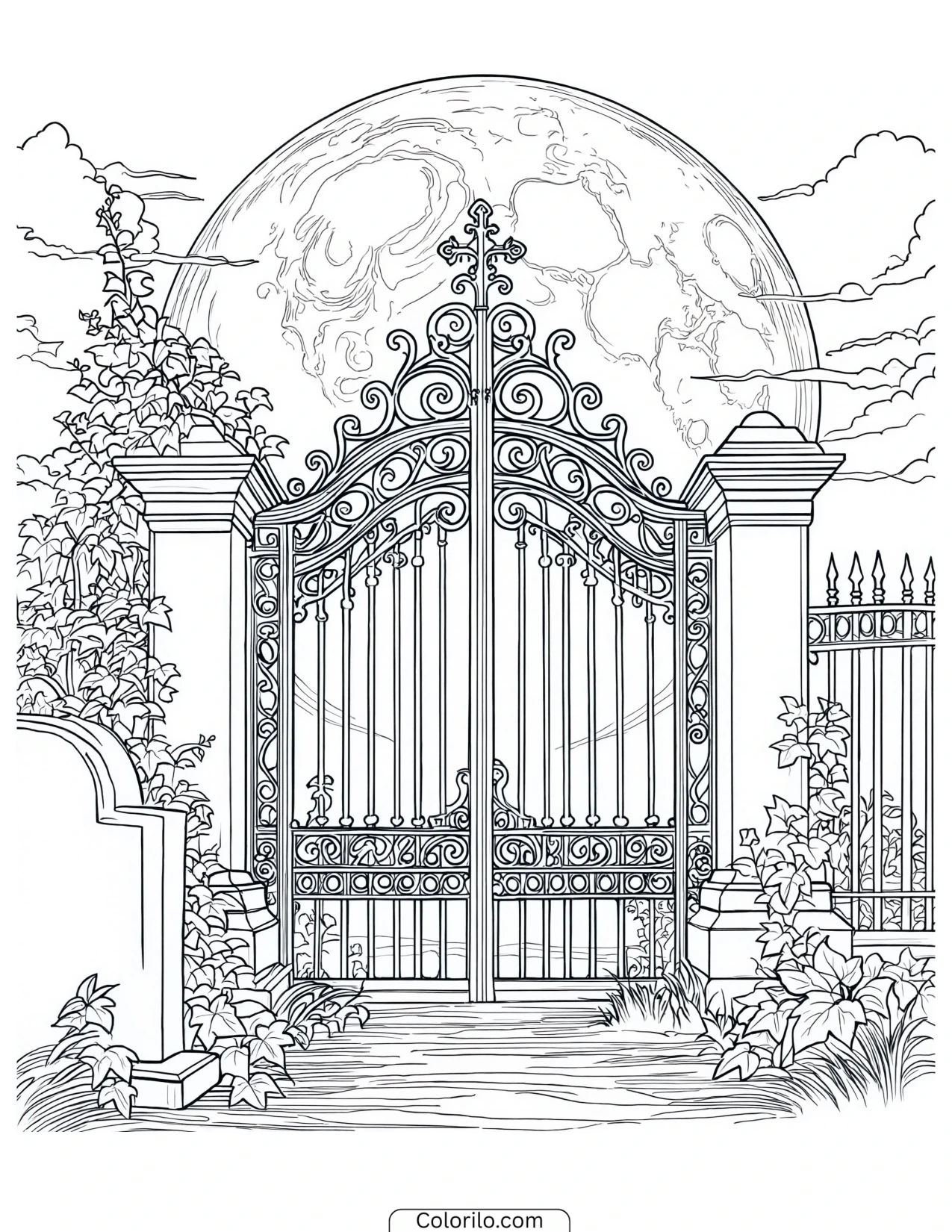 Iron gate standing beneath a full moon coloring page