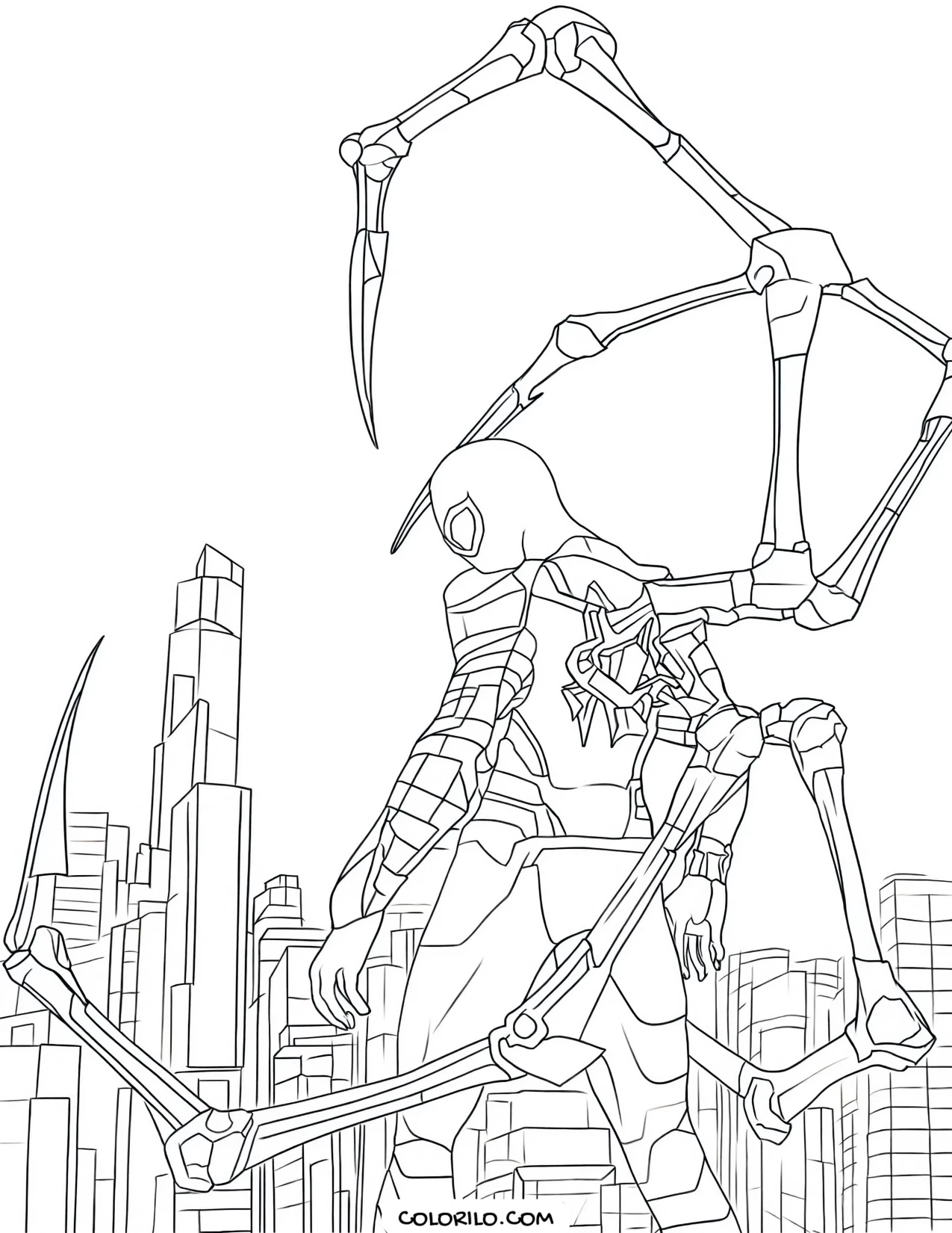 The Iron Spider suit with its mechanical arms coloring page