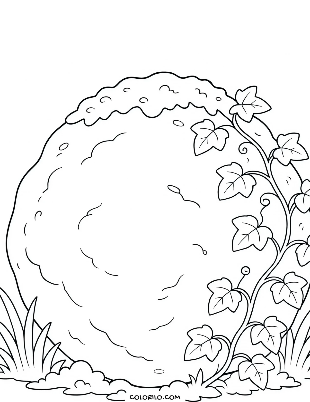 ivy growing over a large boulder coloring page