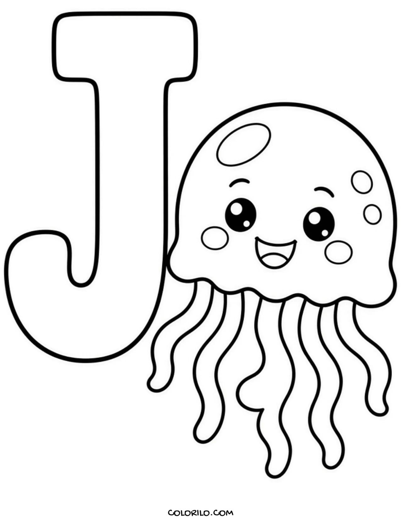 The letter J with a jellyfish coloring page