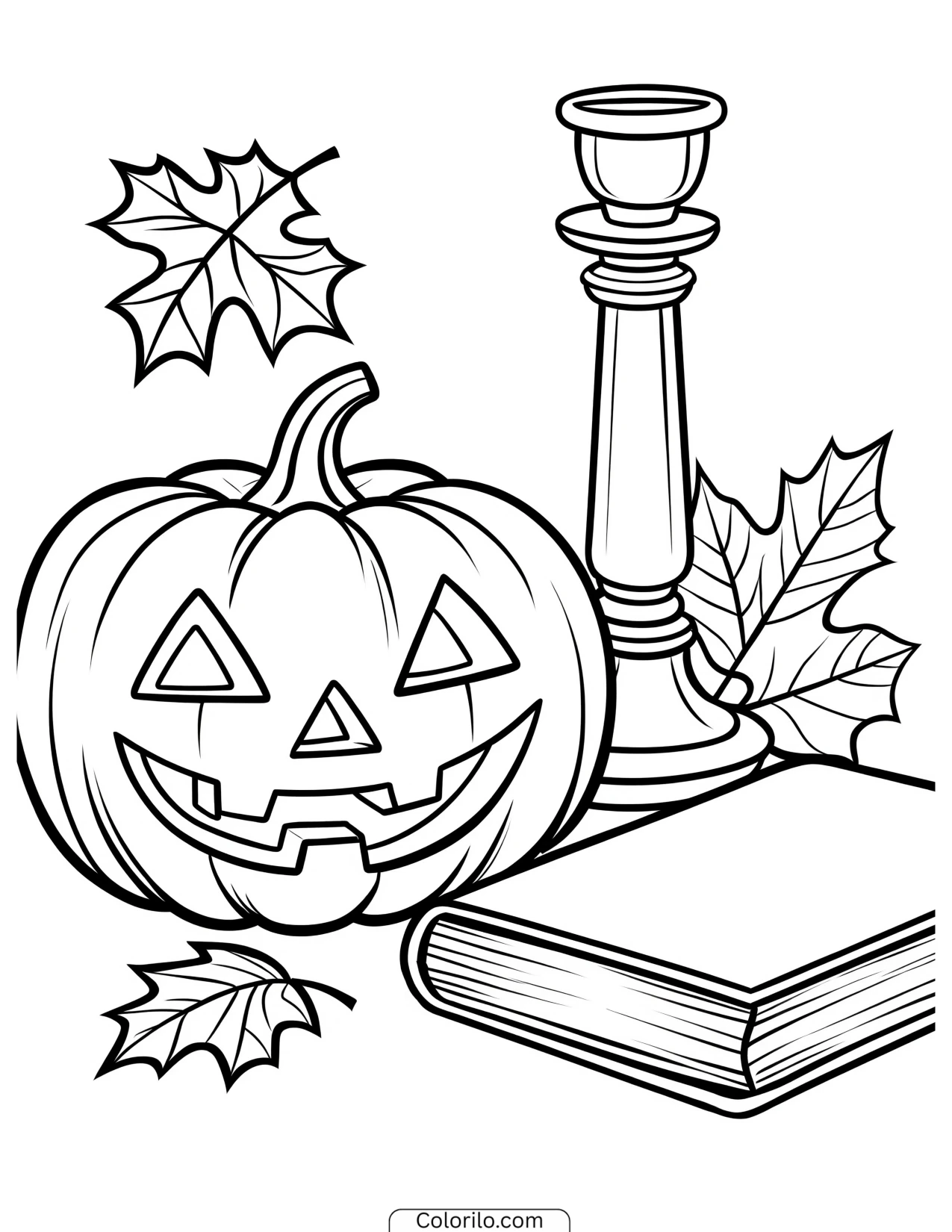 Jack-o'-lantern beside a candlestick and a book coloring page