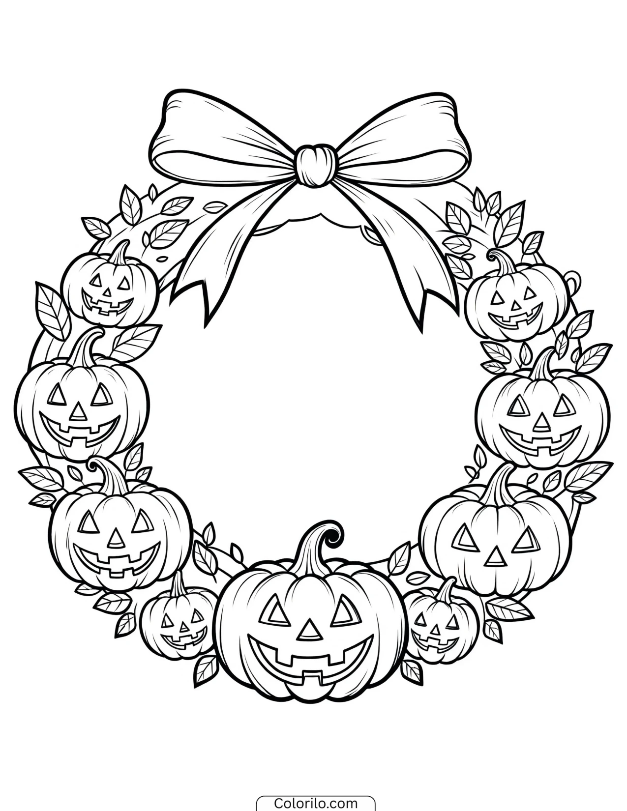 Wreath of jack-o'-lanterns tied with a bow coloring page