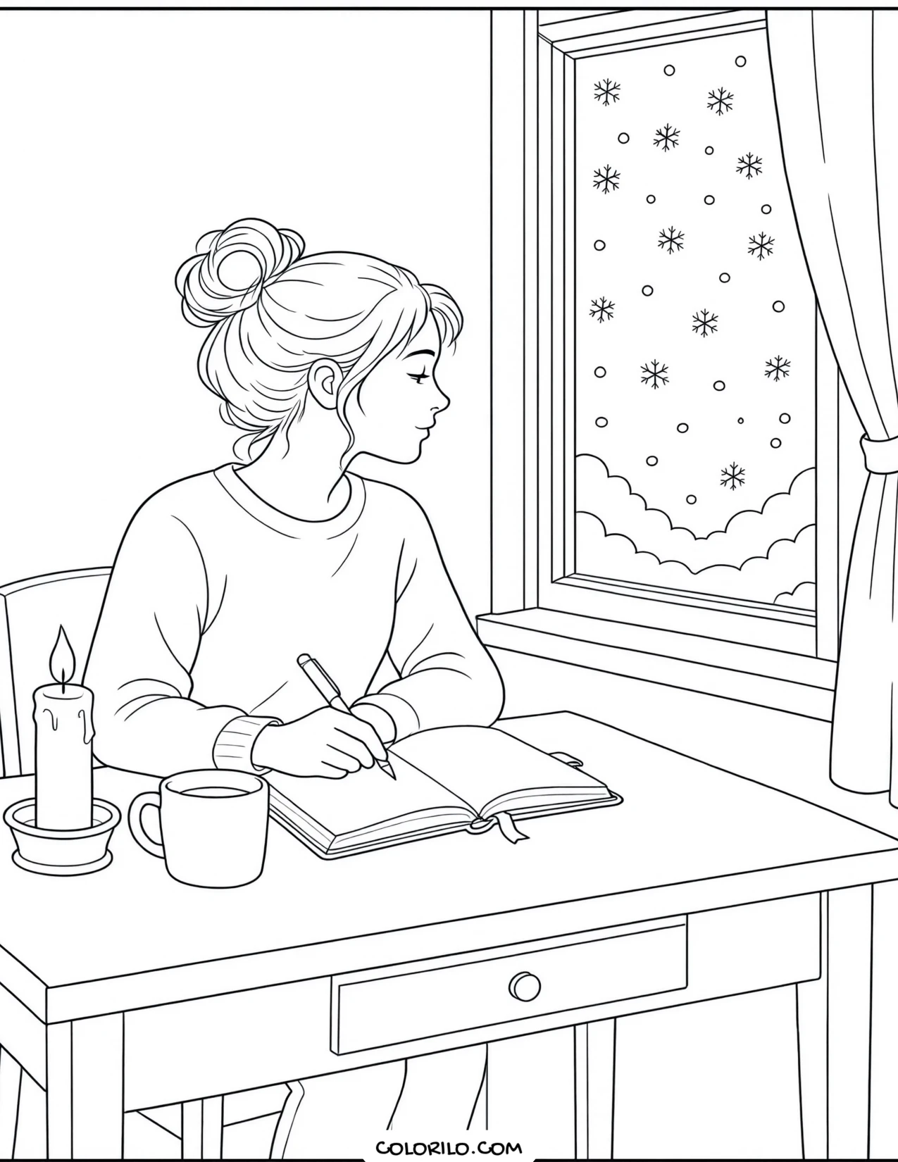 Writing in a journal beside a snowy window coloring page