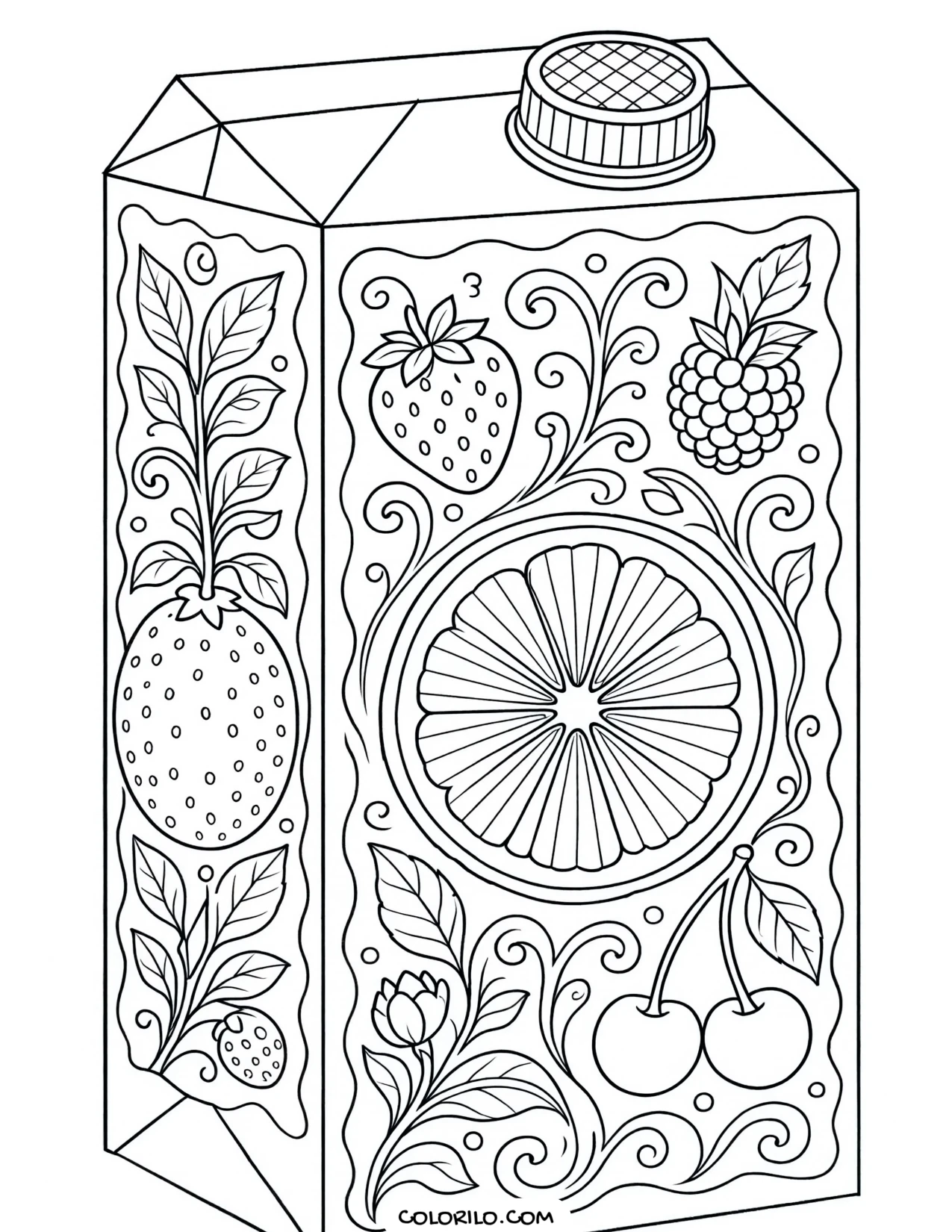 A juice carton with decorative panels coloring page