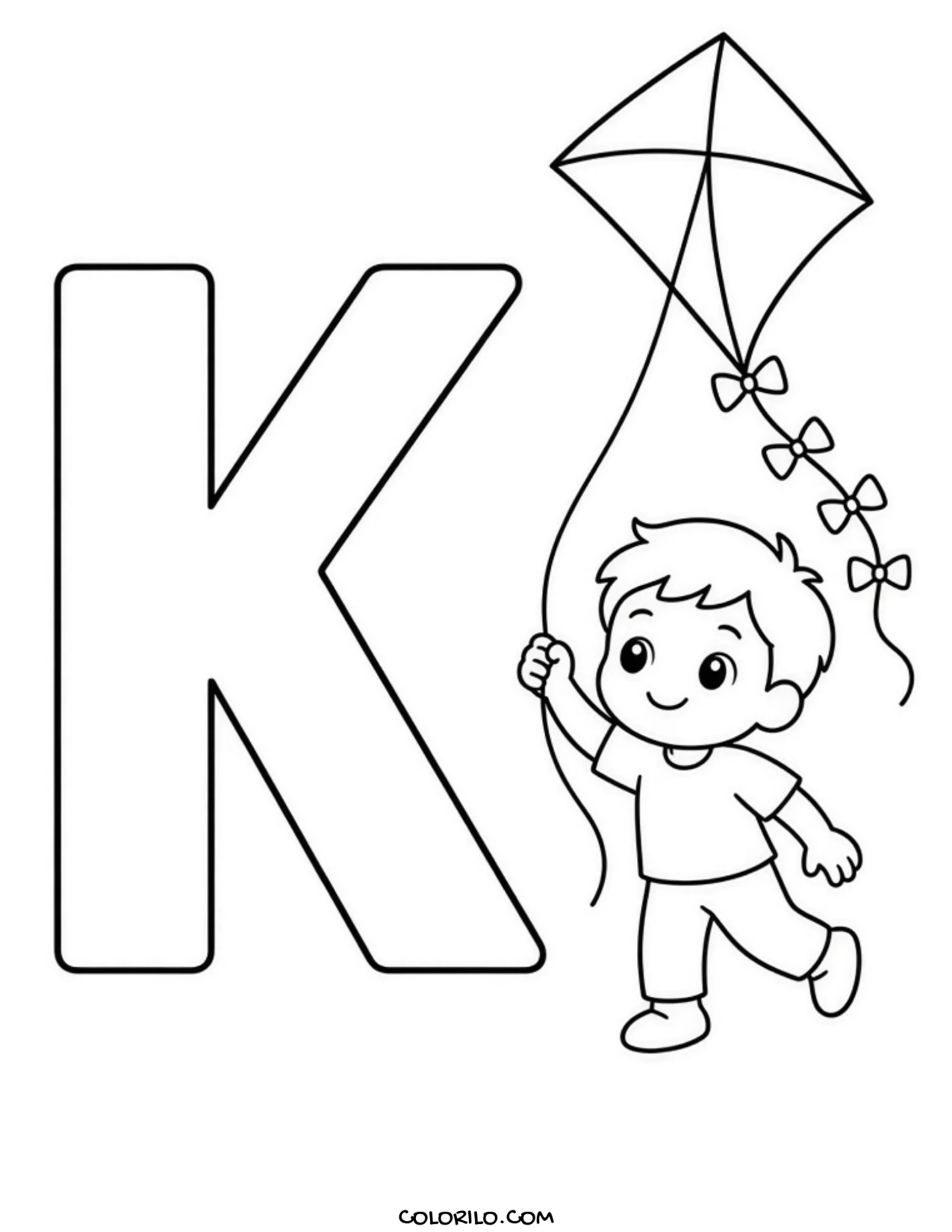 The letter K with a kite coloring page