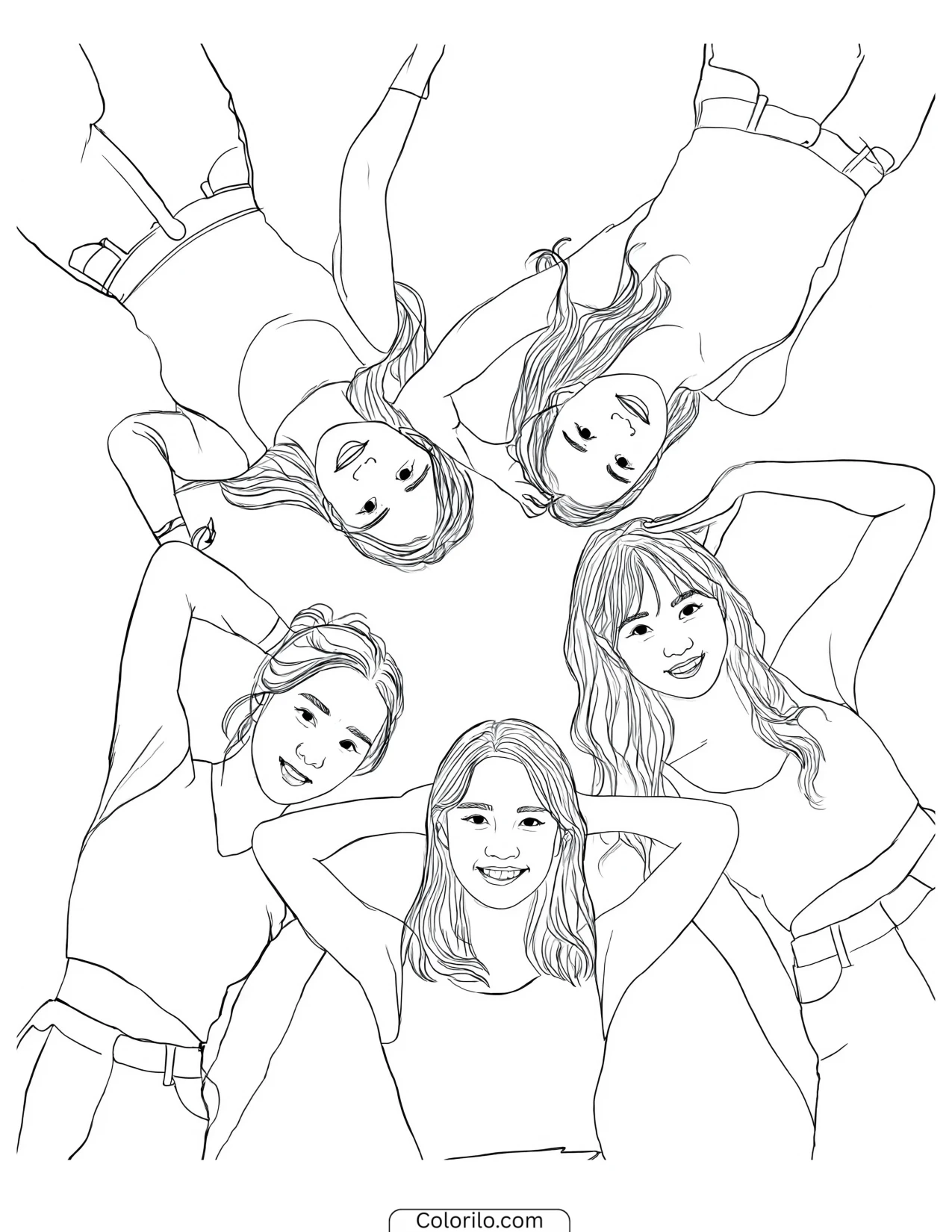 KATSEYE dancing in a circle facing inward coloring page