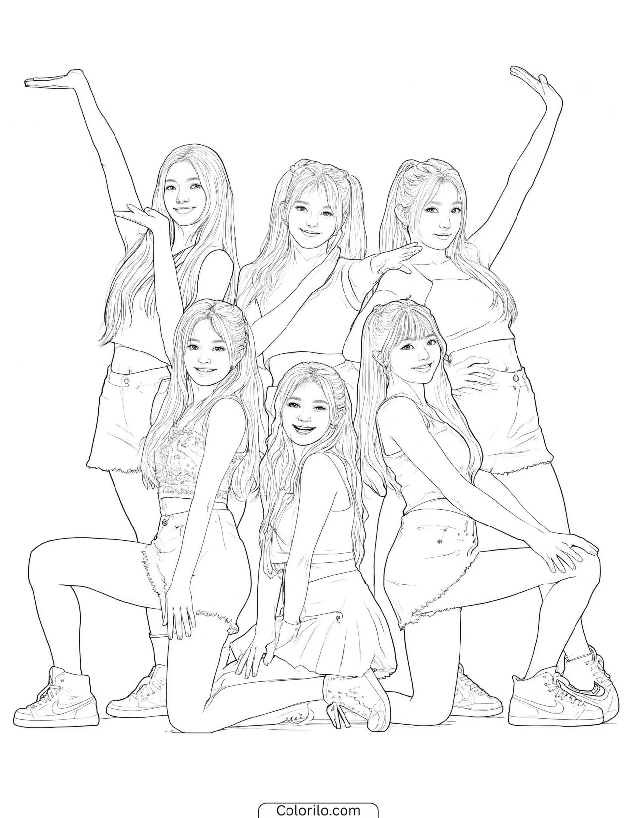 KATSEYE in a dynamic stage dance formation coloring page