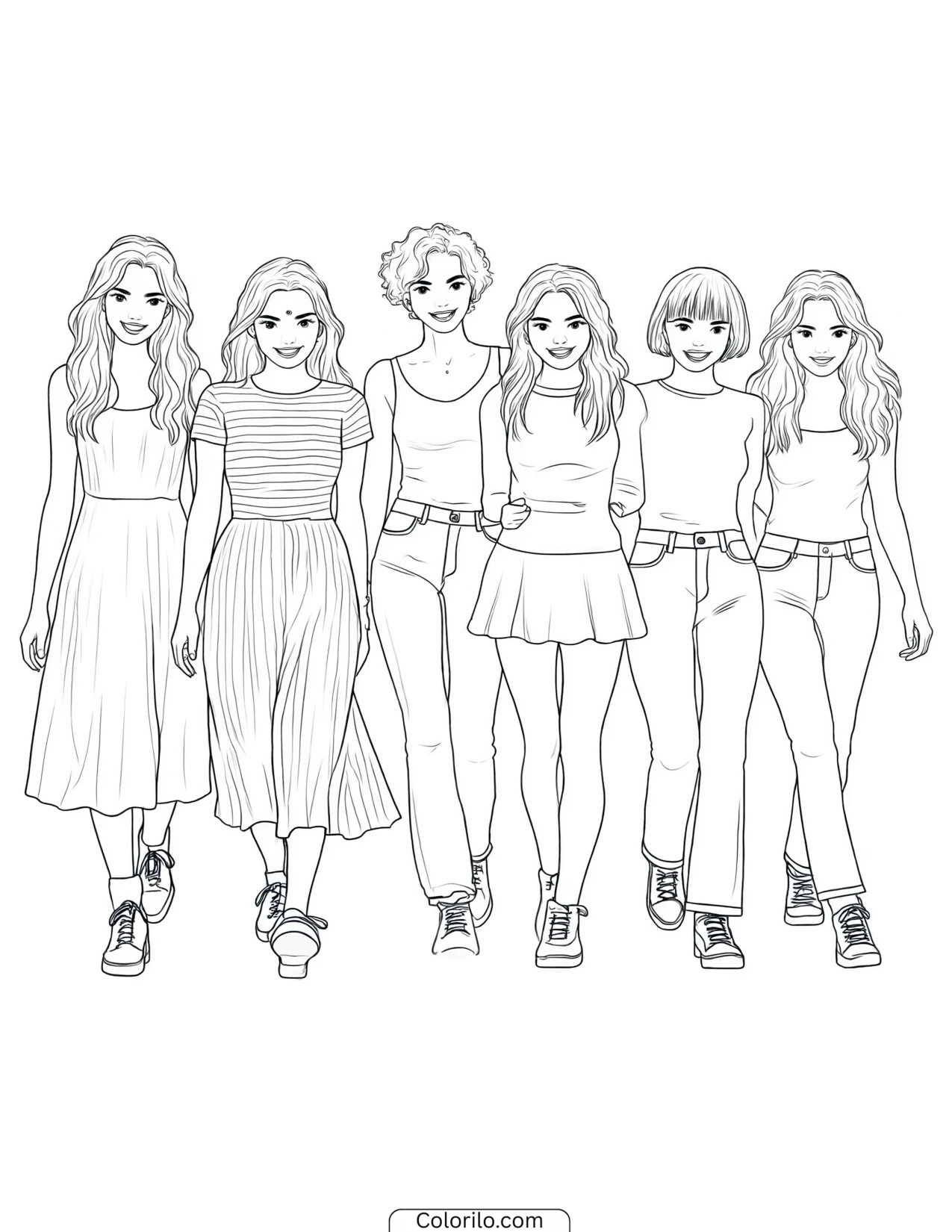 KATSEYE walking in a staggered formation coloring page