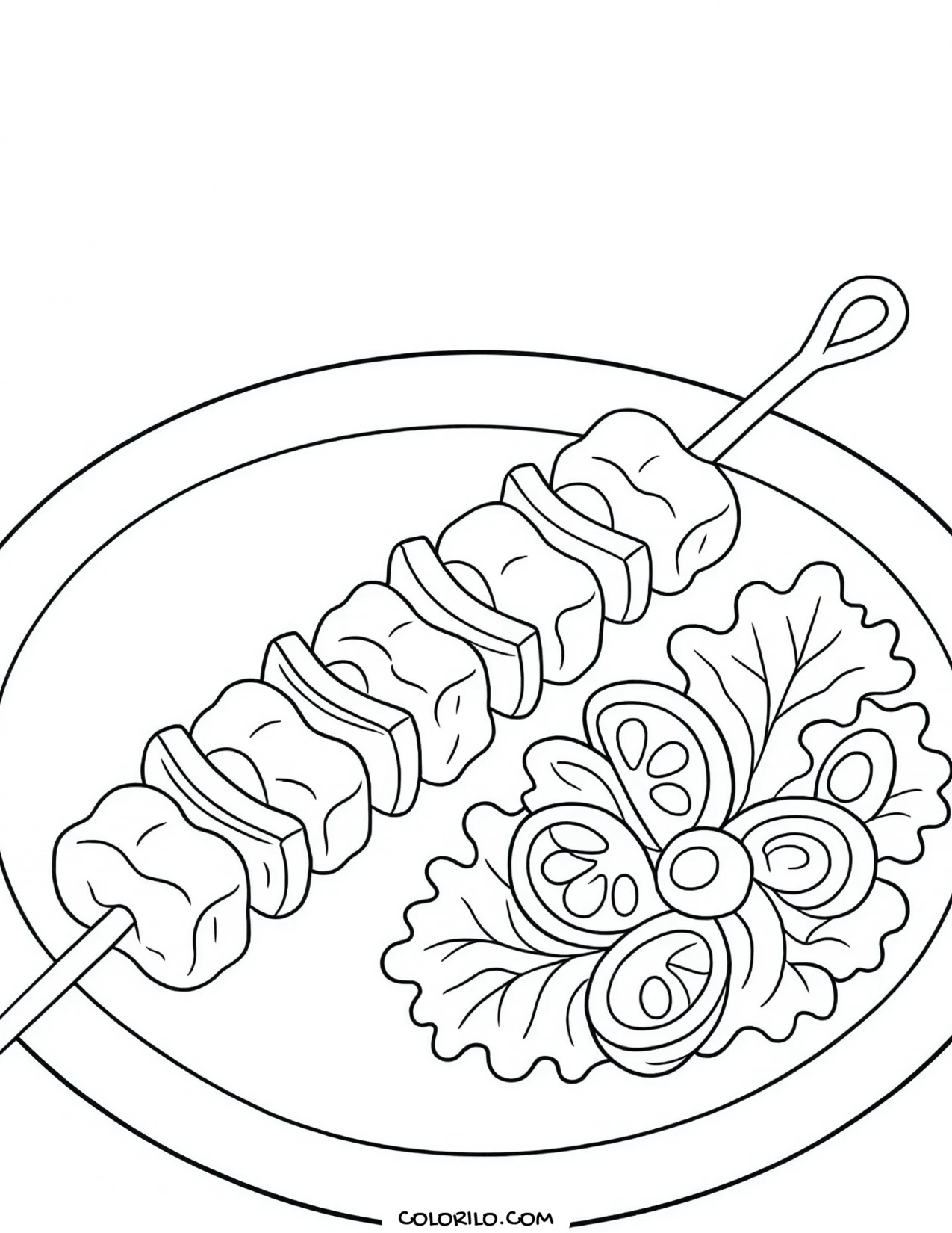 A kebab skewer with a side salad coloring page