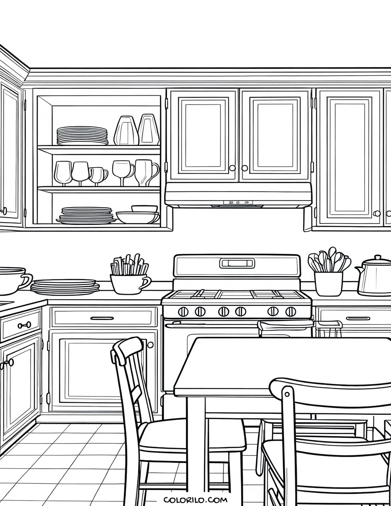 A kitchen with cabinets, a stove and a table coloring page