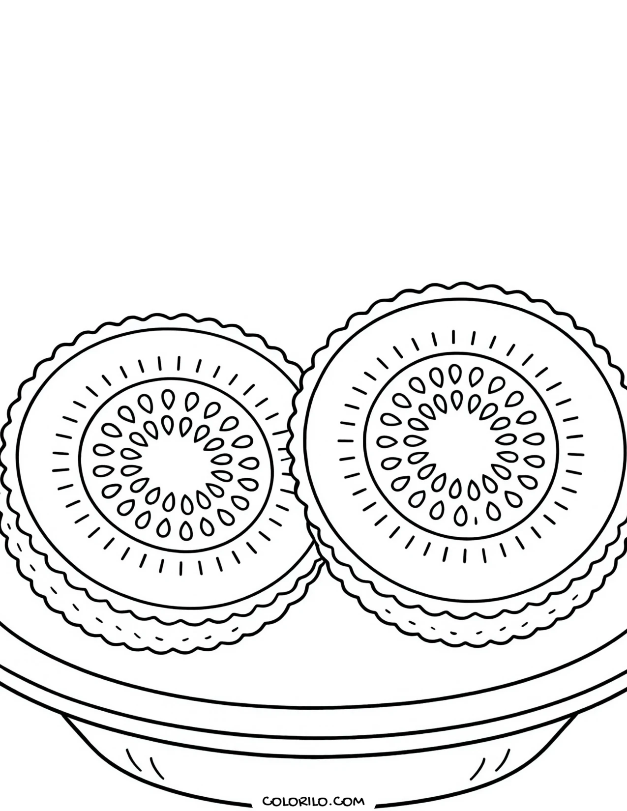 Two kiwi halves showing their seeds coloring page