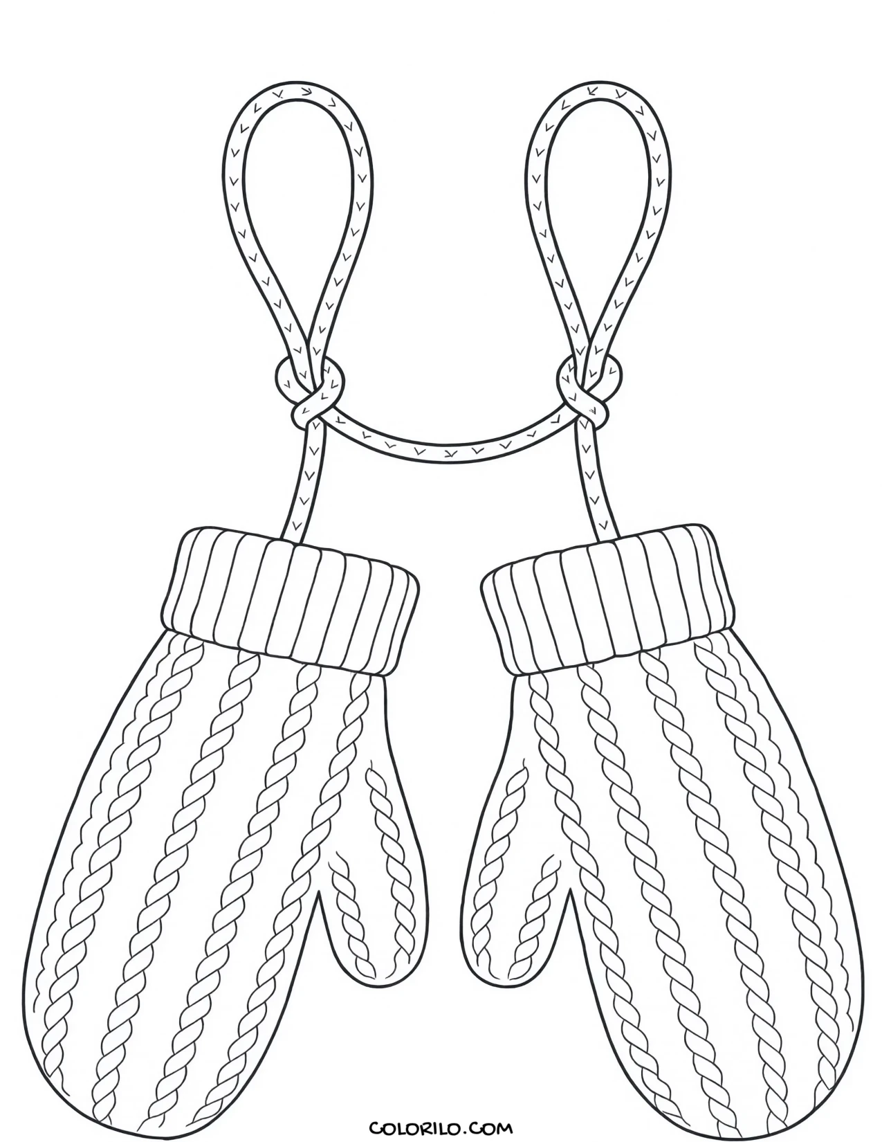 A pair of knitted mittens hanging up coloring page
