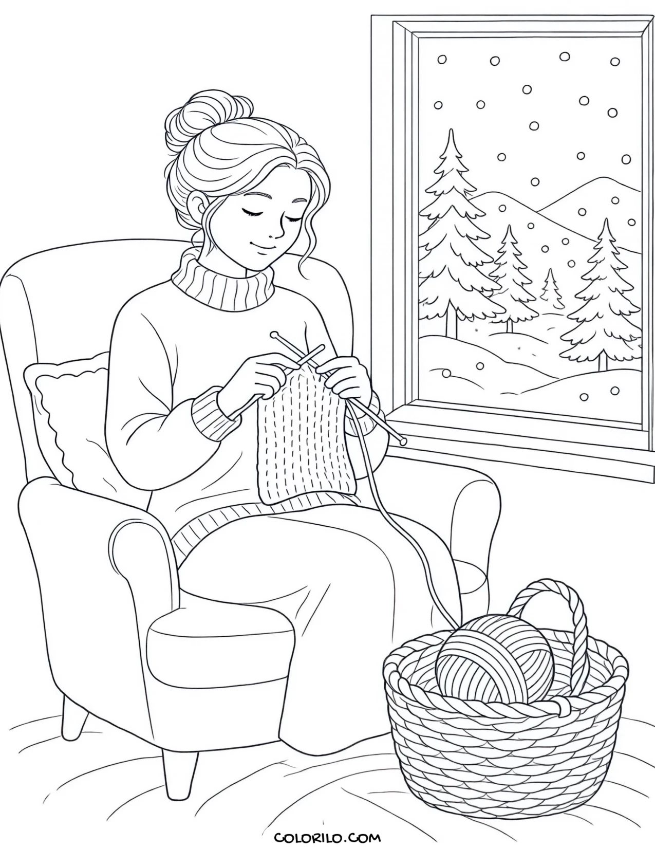Knitting beside a winter window coloring page