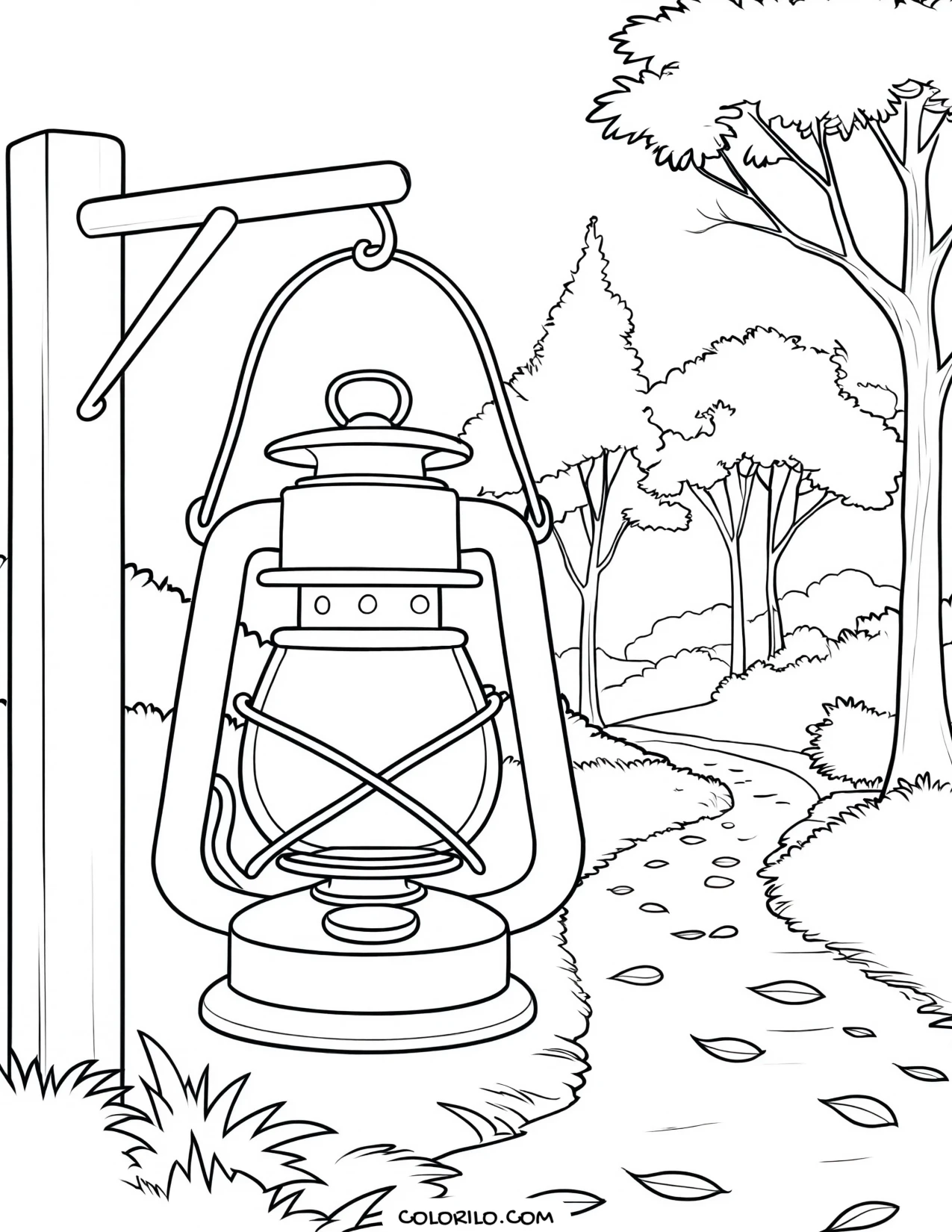 A lantern lighting an autumn forest path coloring page