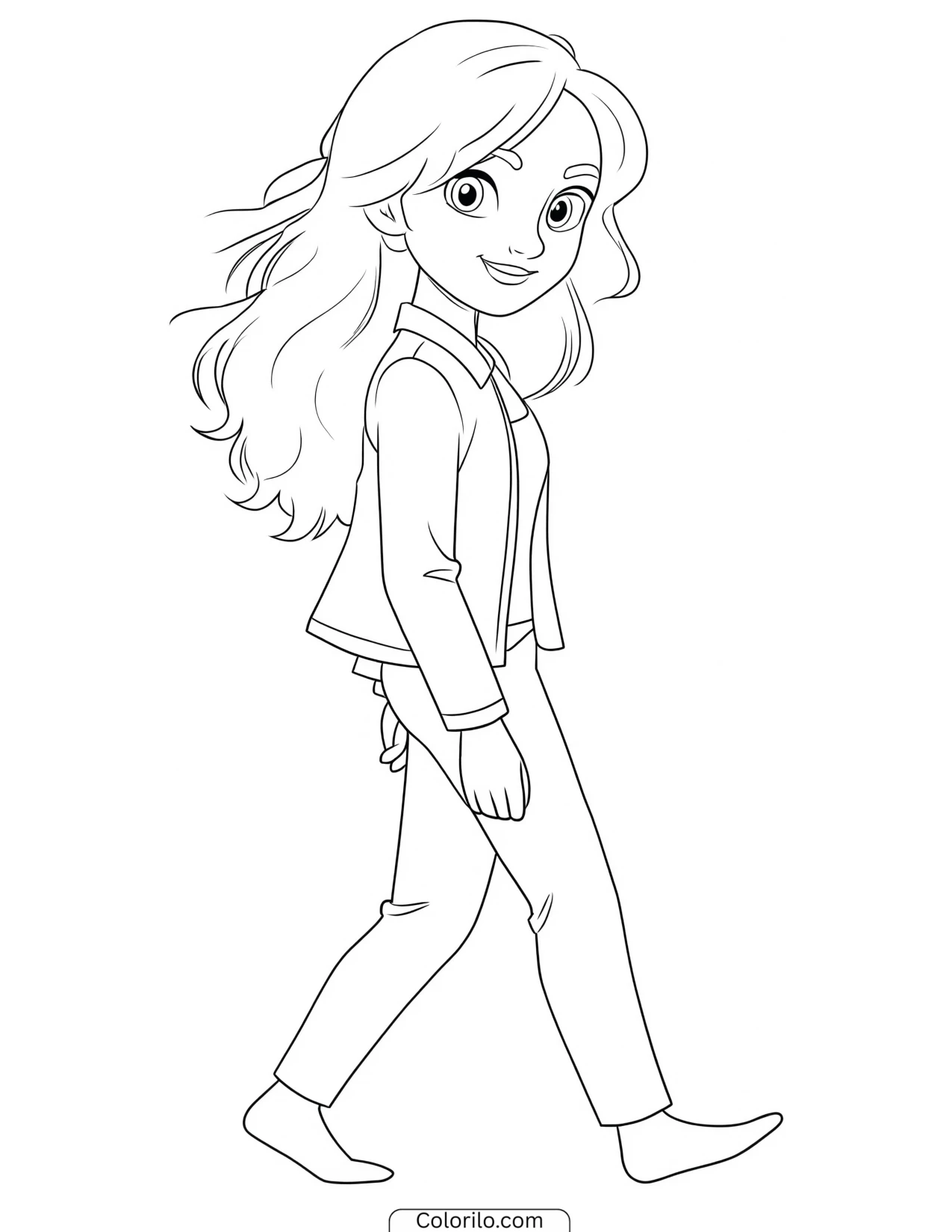 Lara of KATSEYE in a full-body walking pose coloring page