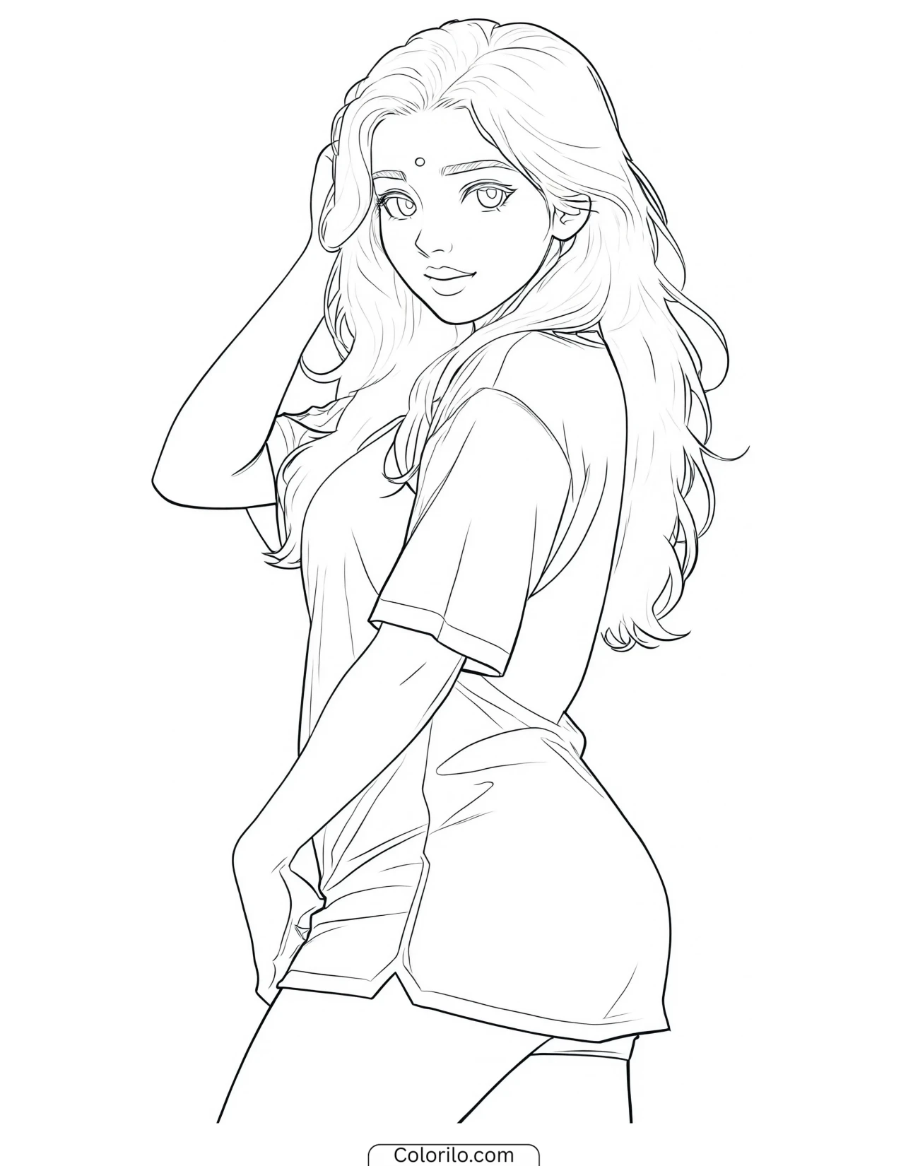 Lara of KATSEYE leaning in a playful pose coloring page