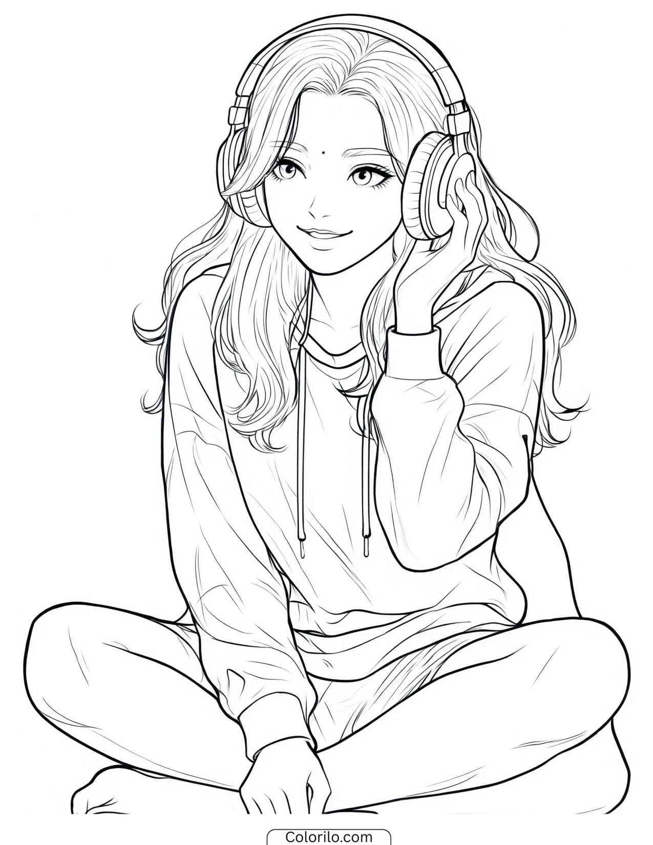 Lara of KATSEYE sitting on the floor wearing headphones coloring page