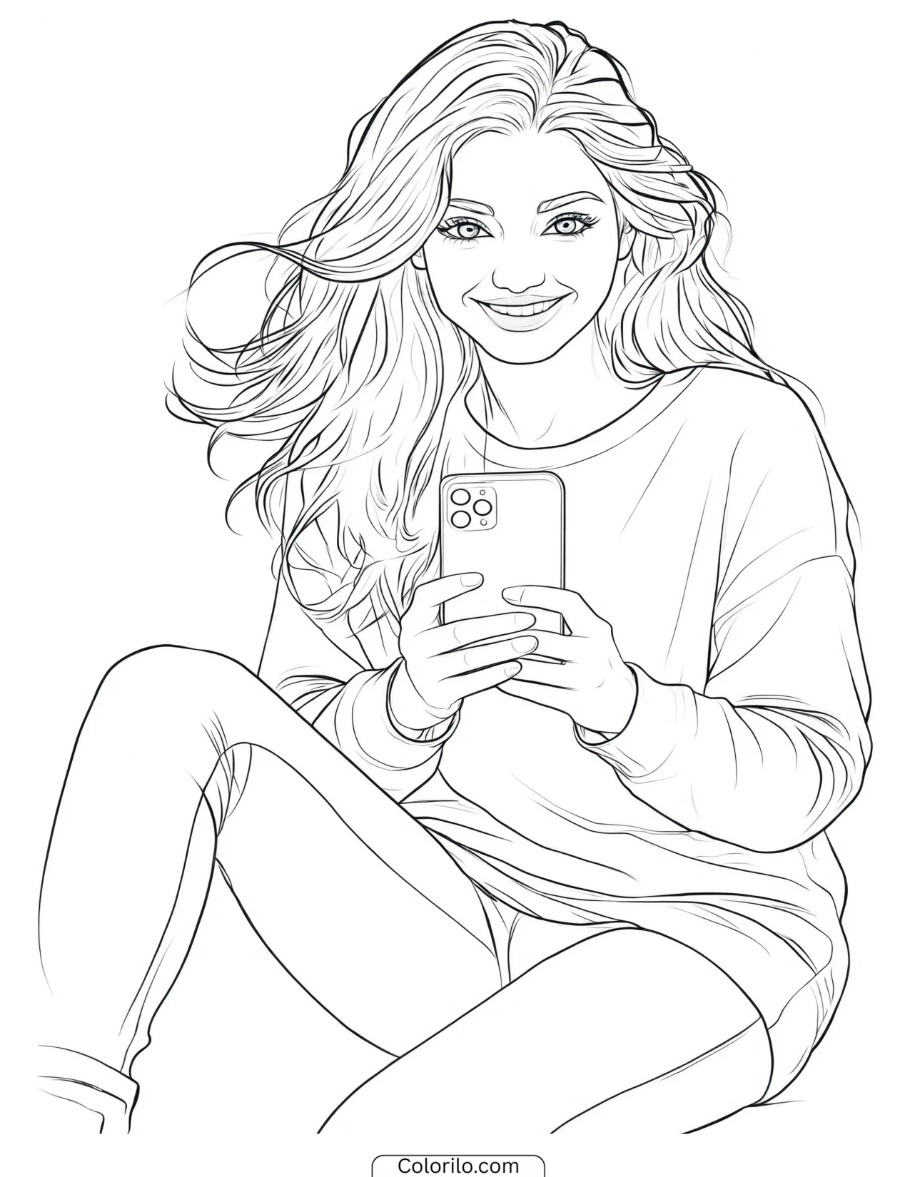 Lara of KATSEYE sitting with her phone coloring page
