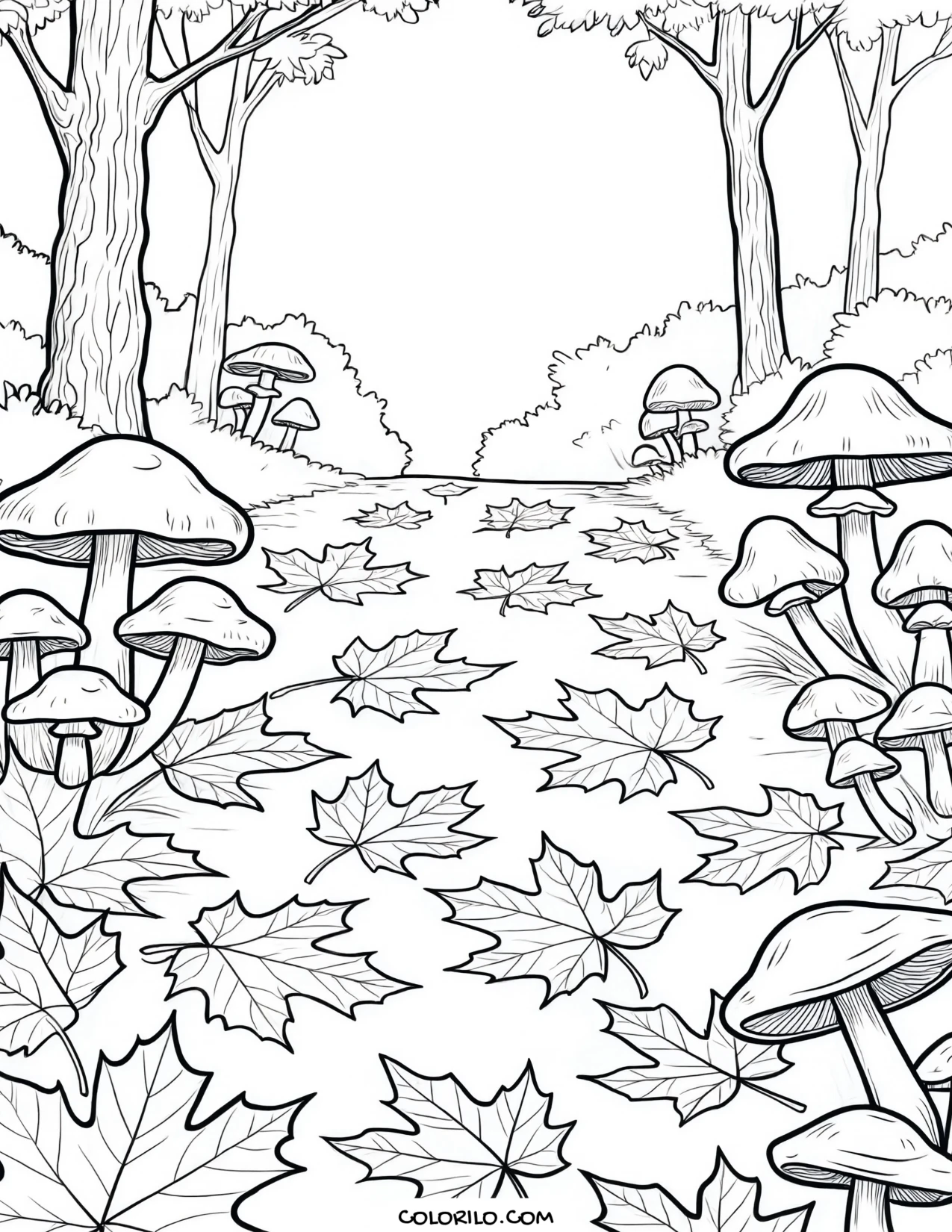 A path of mushrooms covered in fallen leaves coloring page