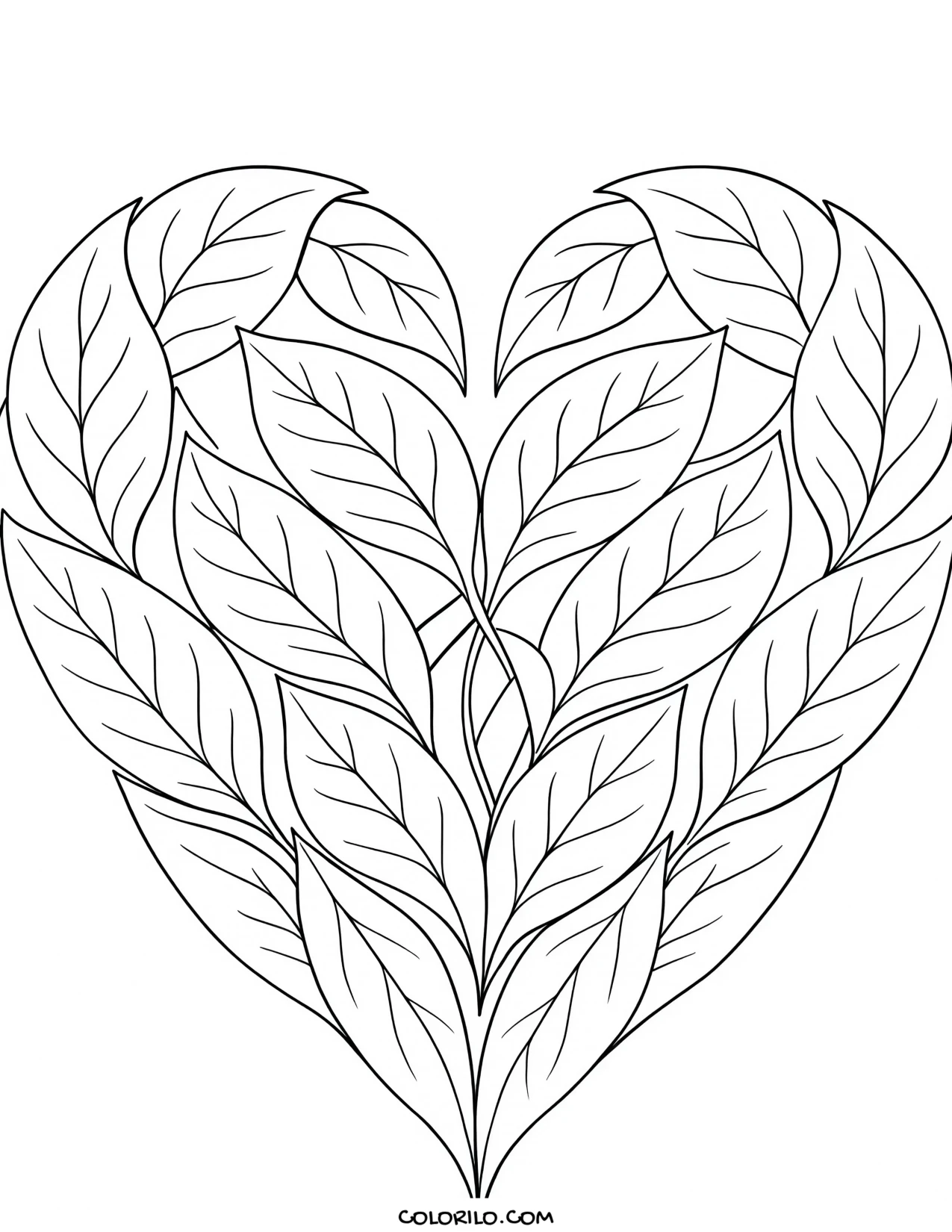 A heart formed from leaves coloring page