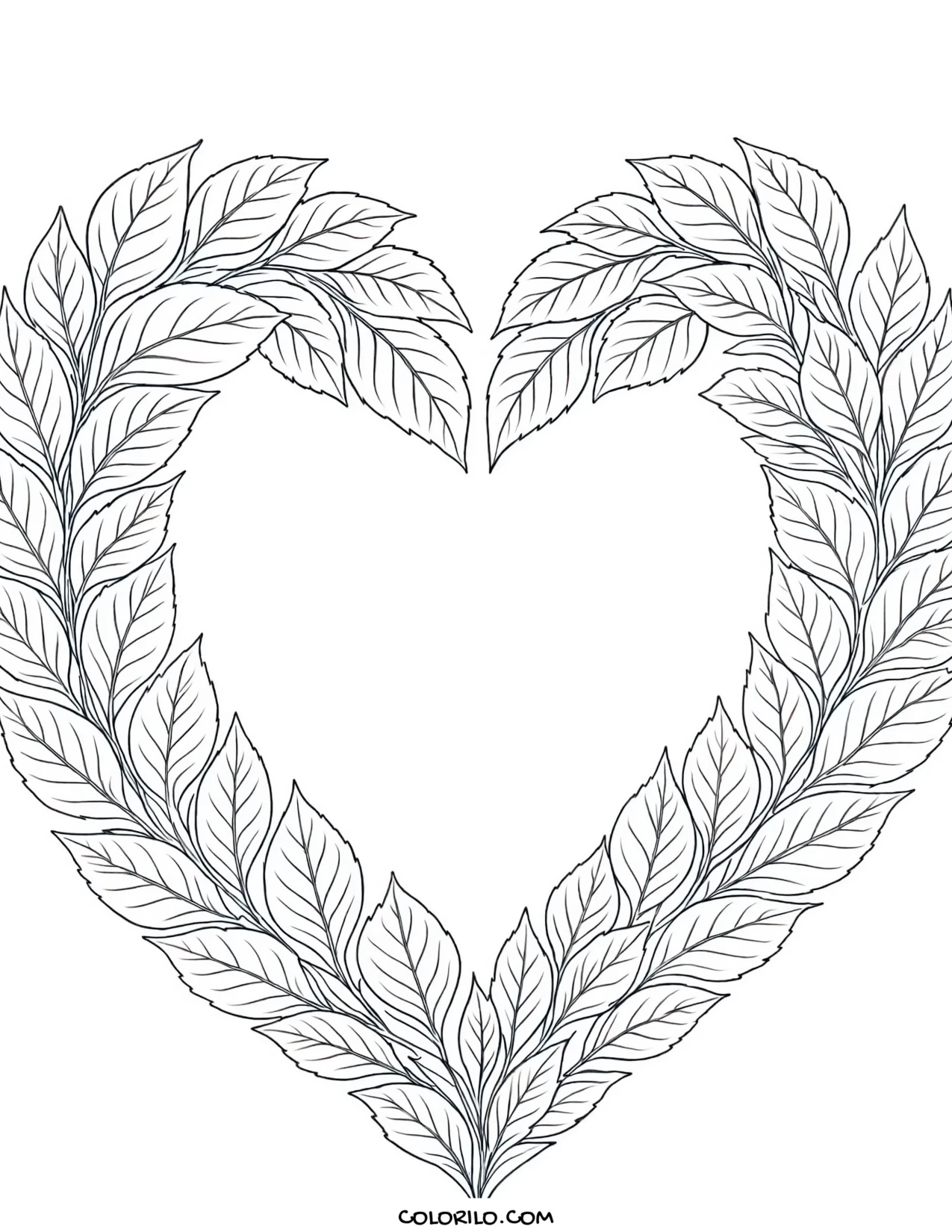 A heart-shaped frame of leaves coloring page