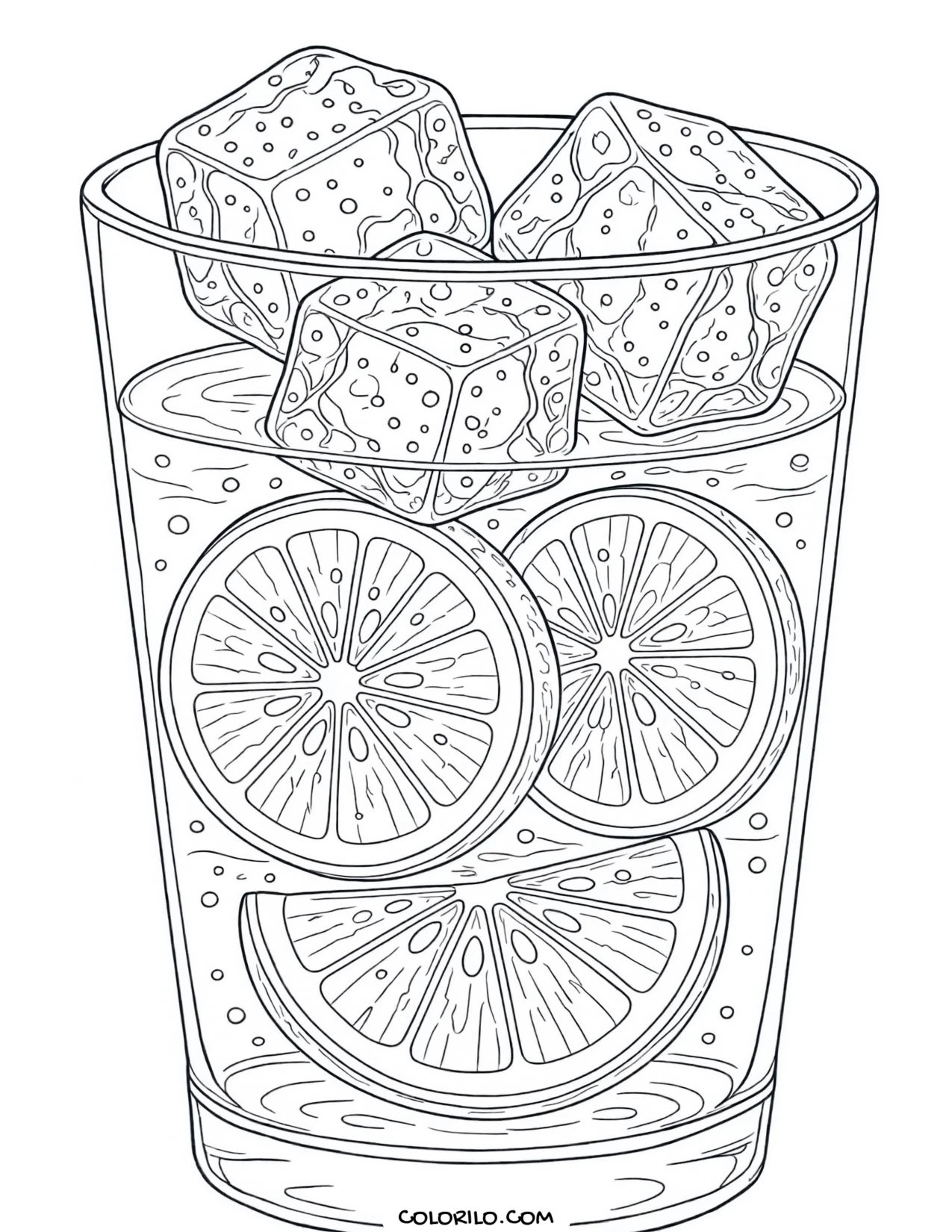 A glass of lemonade with ice and lemon coloring page