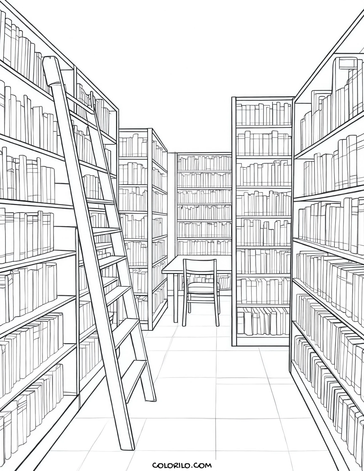 A home library with tall shelves, a ladder and a desk coloring page