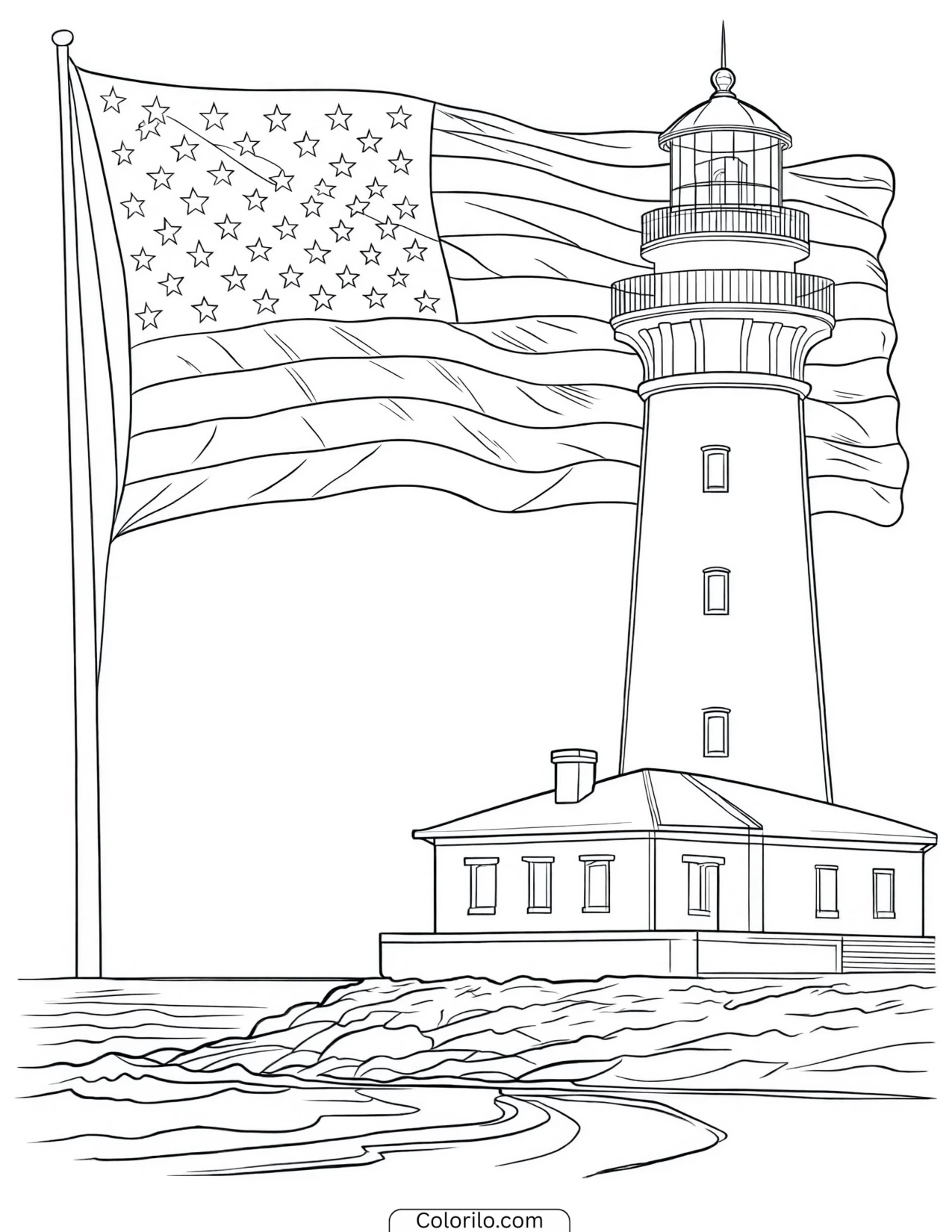 Lighthouse with an American flag waving beside it coloring page