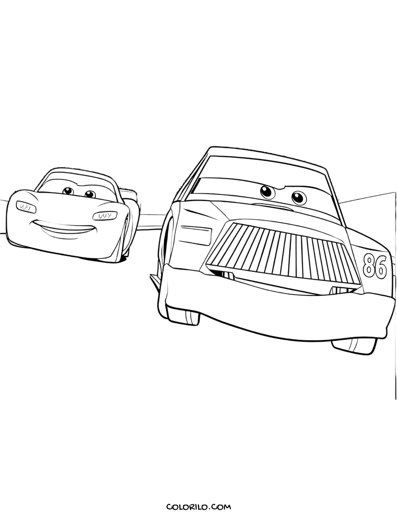 Lightning McQueen and Chick Hicks on the track coloring page
