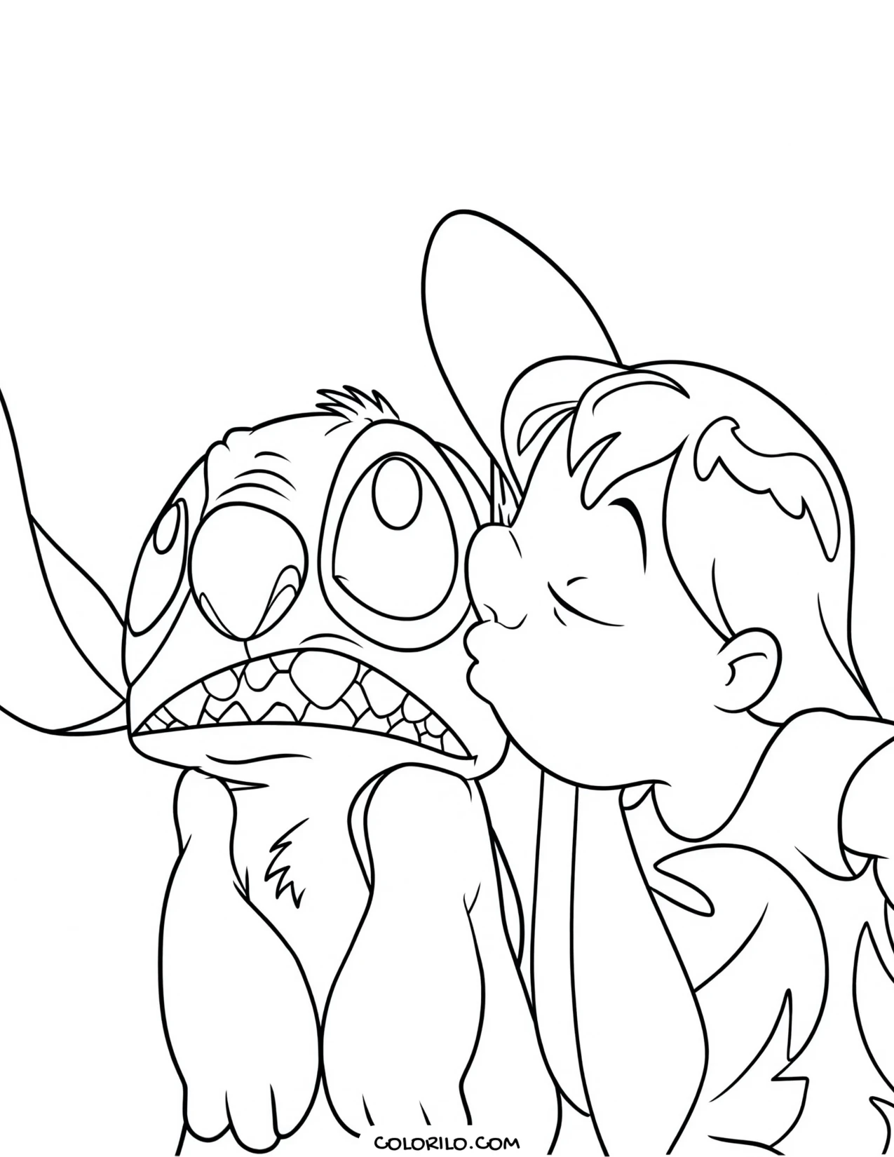 Lilo kissing Stitch on the cheek coloring page
