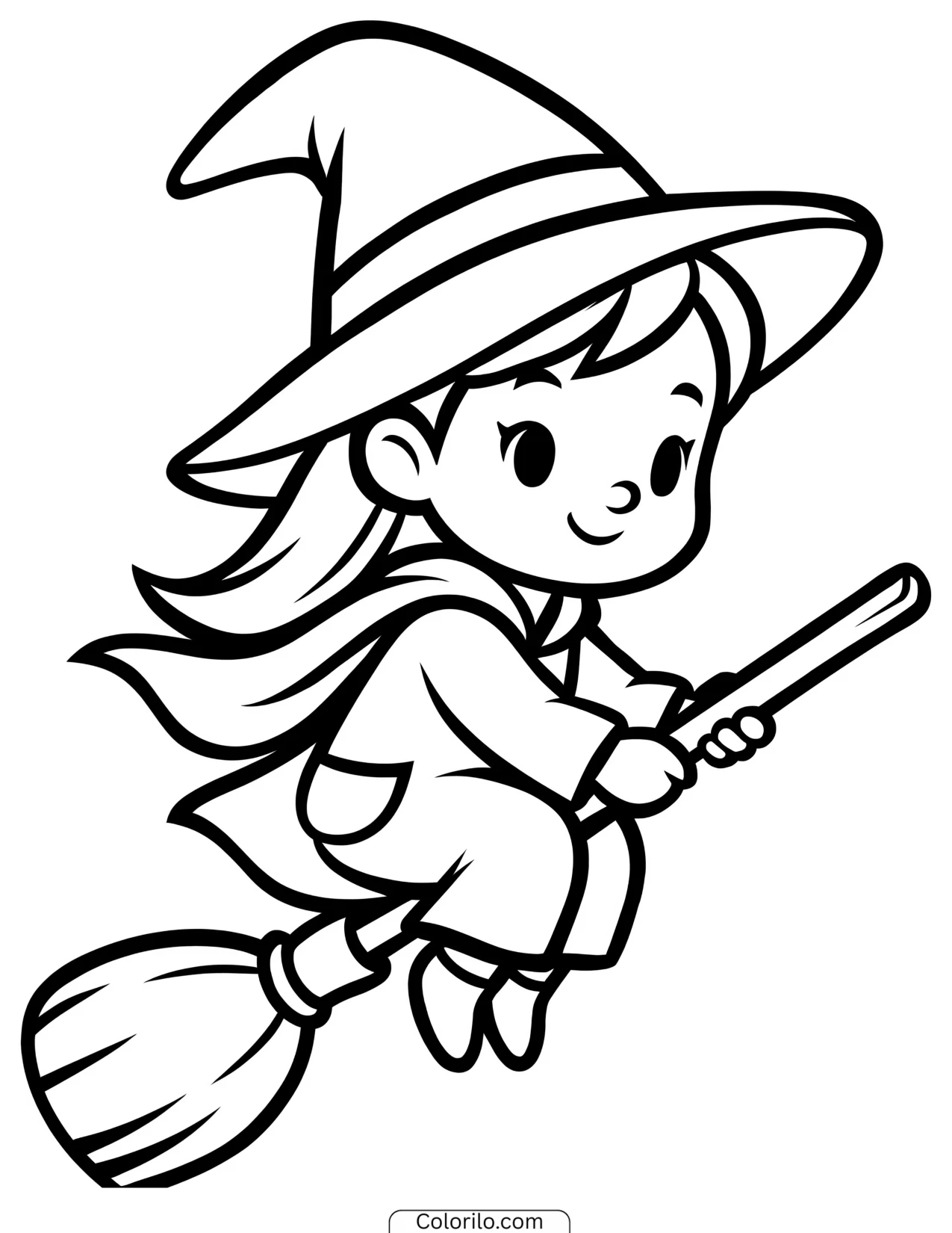 Little witch flying on her broom coloring page